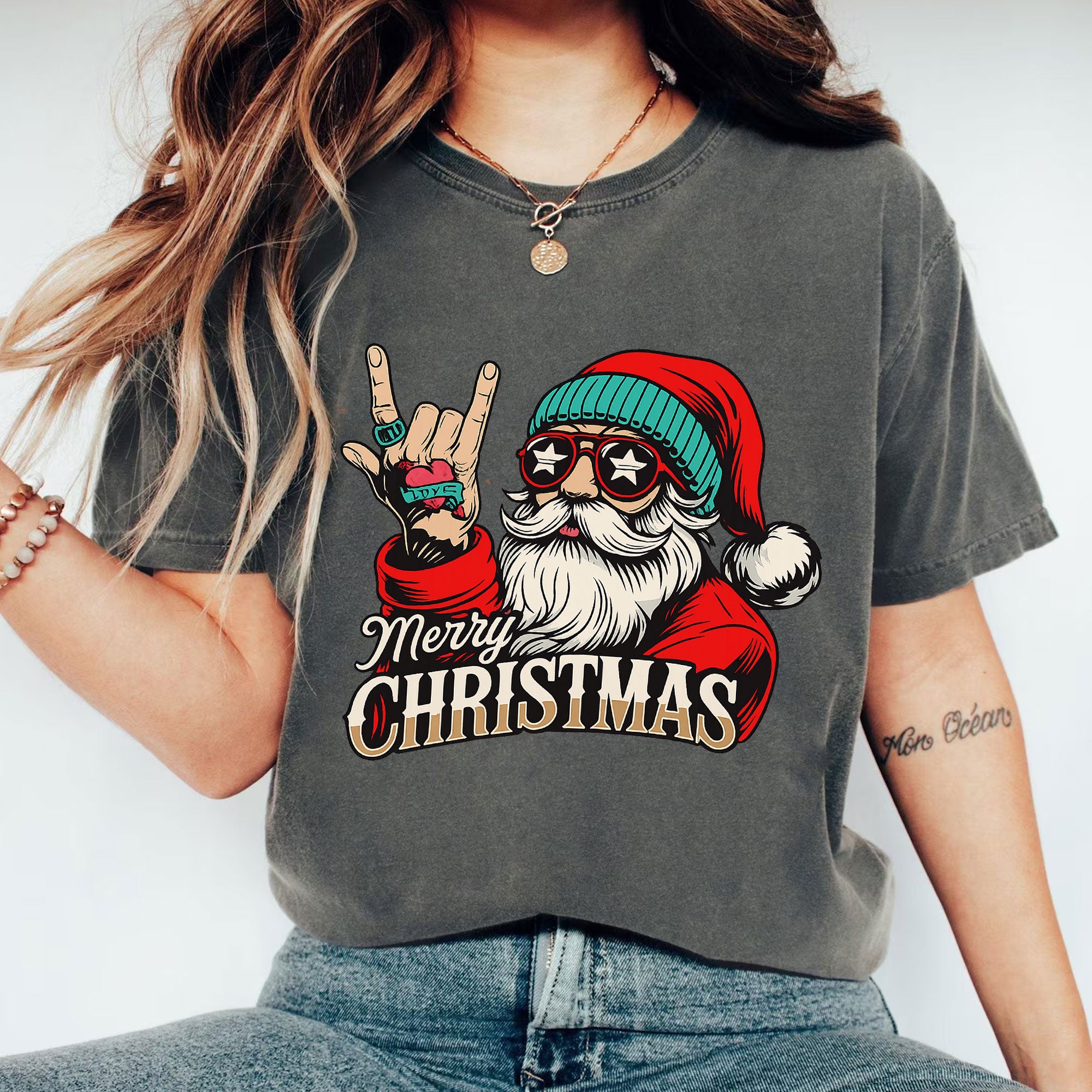 Rock 'N' Roll Santa Christmas Shirt - Festive Graphic Tee with Santa in Sunglasses, Perfect for Holiday Parties and Unique Gifts
 - 1