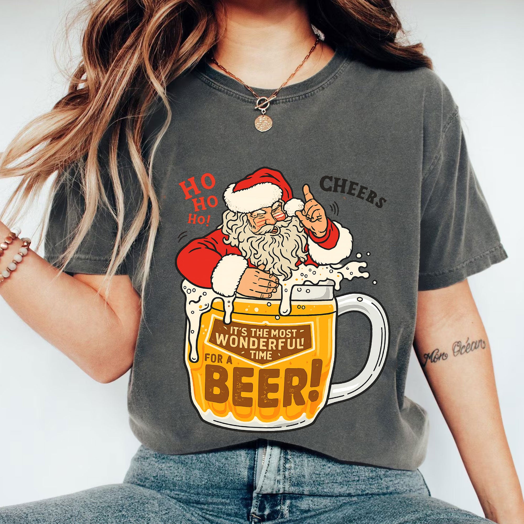 Santa Claus Beer Lover Graphic T-Shirt – Christmas Holiday Cheer Tee with Fun Santa and Beer Mug Design for Festive Celebrations
 - 1