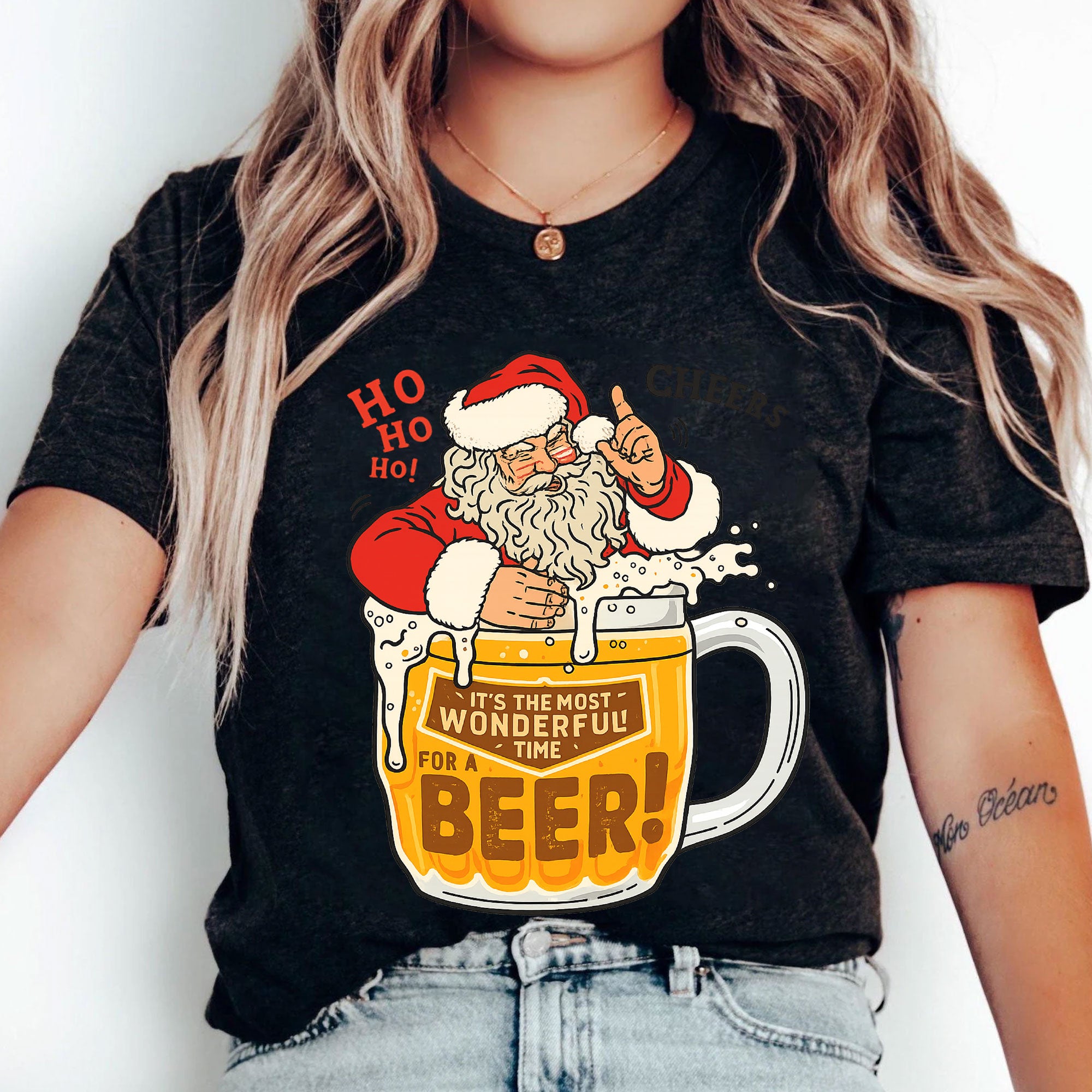 Santa Claus Beer Lover Graphic T-Shirt – Christmas Holiday Cheer Tee with Fun Santa and Beer Mug Design for Festive Celebrations
 - 5