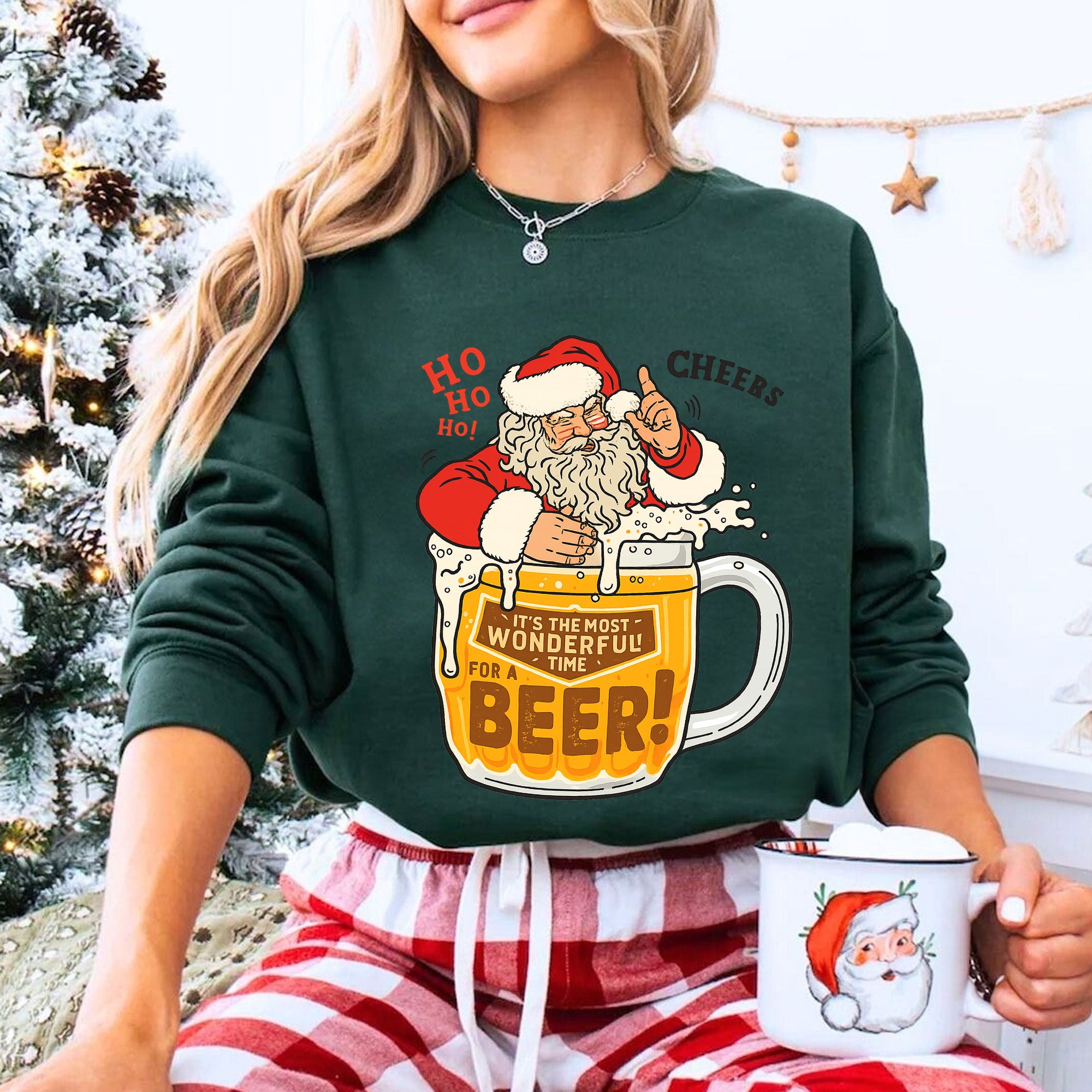 Santa Claus Beer Lover Graphic T-Shirt – Christmas Holiday Cheer Tee with Fun Santa and Beer Mug Design for Festive Celebrations
 - 8