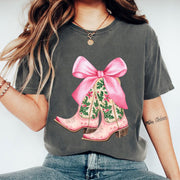 Stylish Women's Graphic T-Shirt with Floral Cowboy Boots and Pink Bow Design - Perfect Casual Fashion Top for Trendy Outfits
 - 1