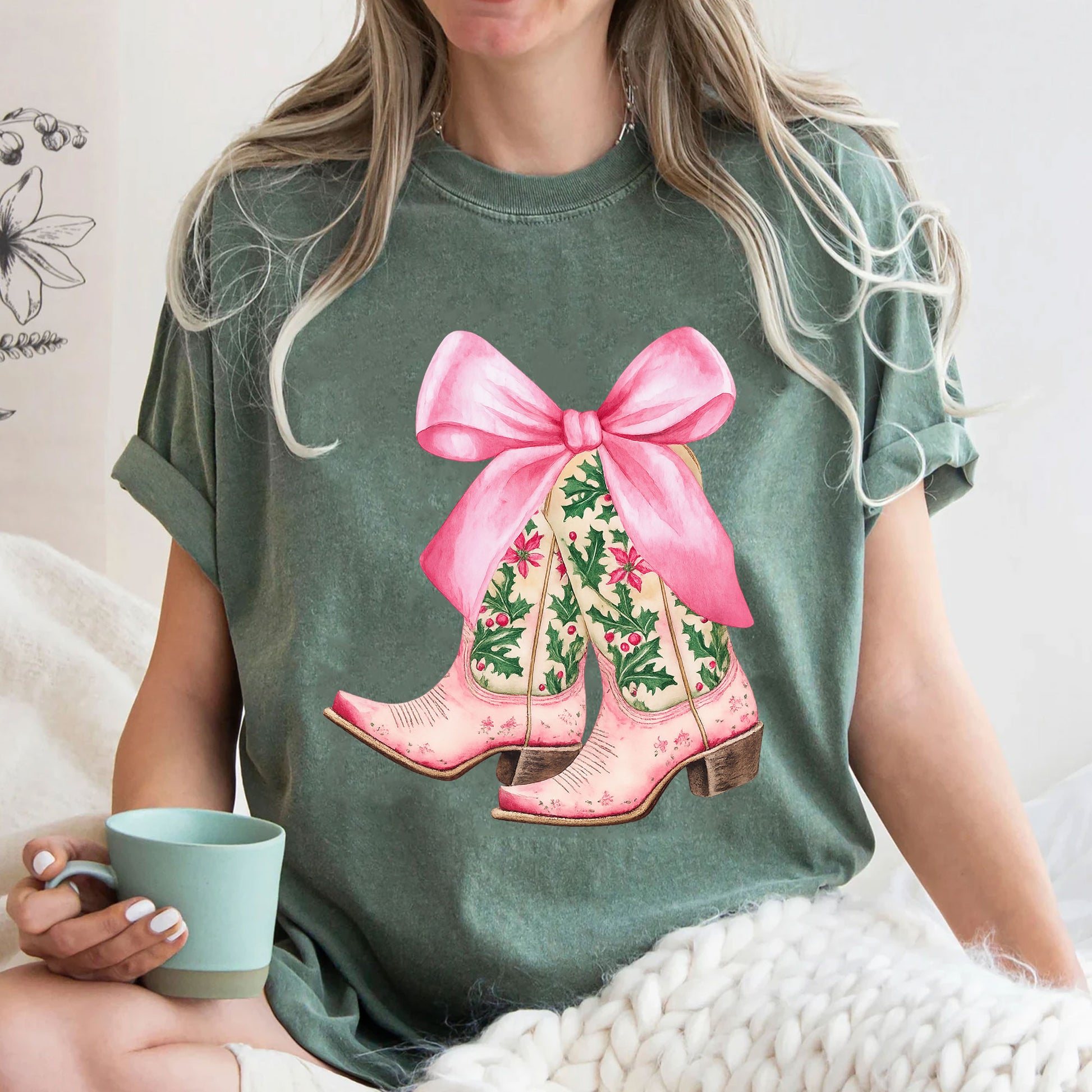 Stylish Women's Graphic T-Shirt with Floral Cowboy Boots and Pink Bow Design - Perfect Casual Fashion Top for Trendy Outfits
 - 3
