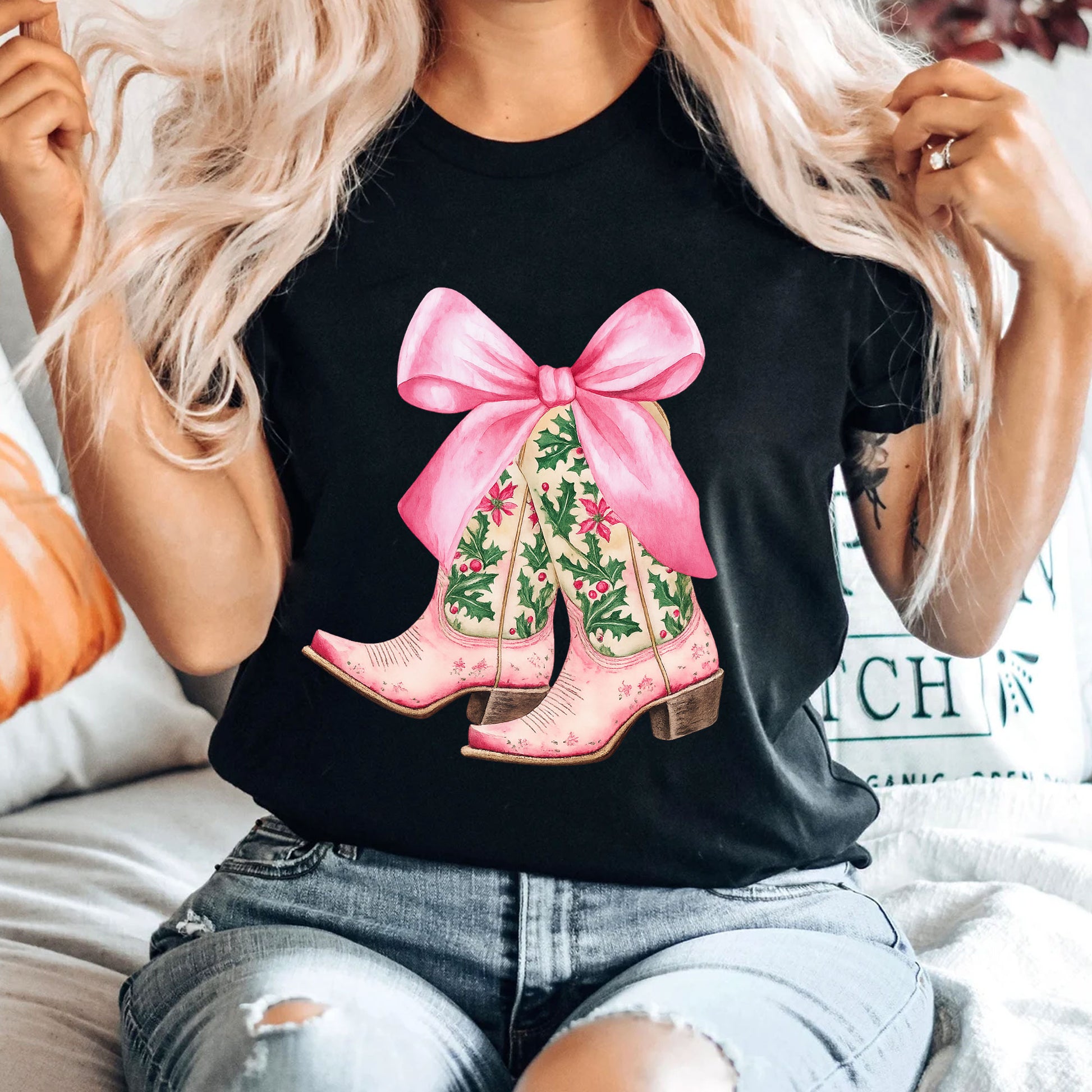 Stylish Women's Graphic T-Shirt with Floral Cowboy Boots and Pink Bow Design - Perfect Casual Fashion Top for Trendy Outfits
 - 4