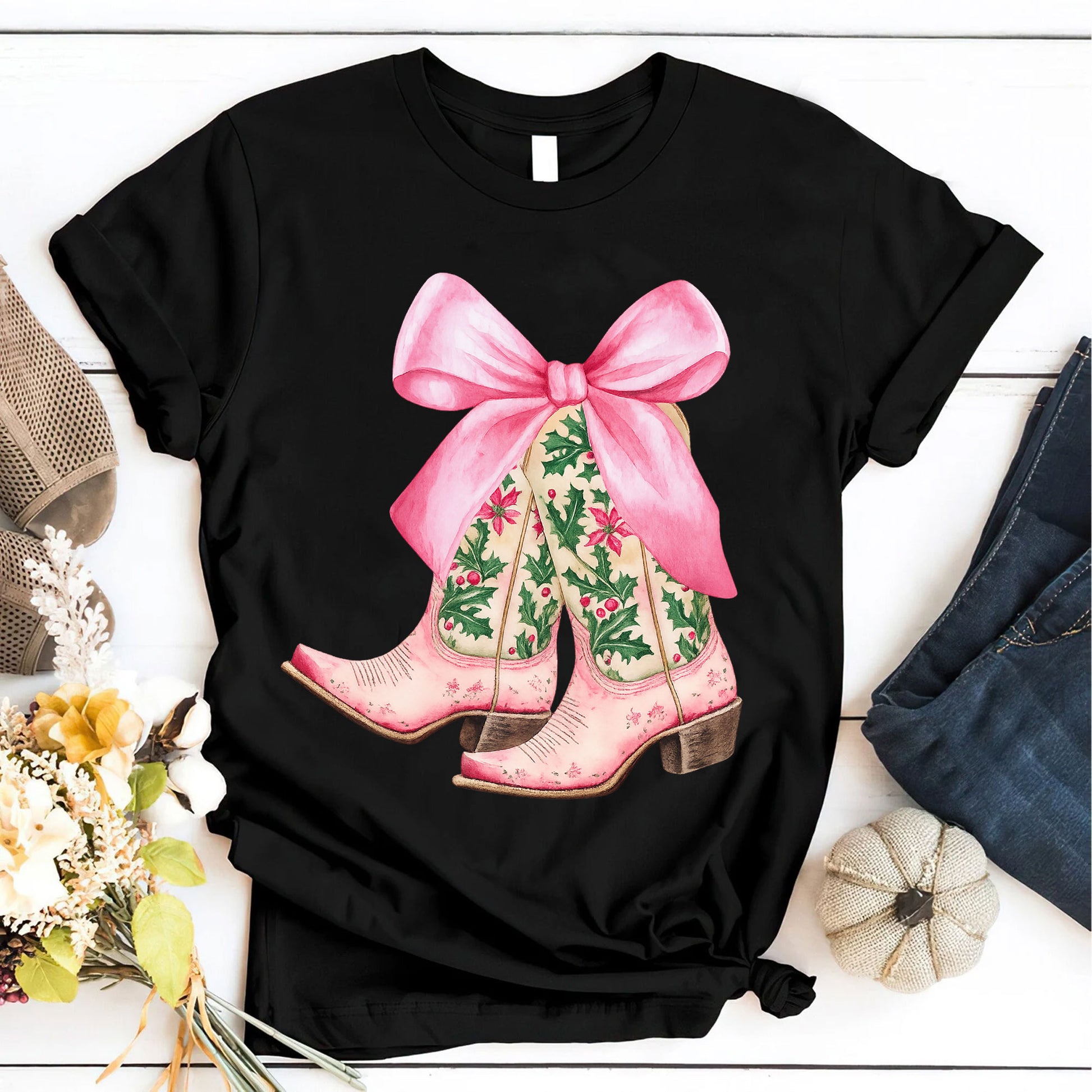Stylish Women's Graphic T-Shirt with Floral Cowboy Boots and Pink Bow Design - Perfect Casual Fashion Top for Trendy Outfits
 - 6