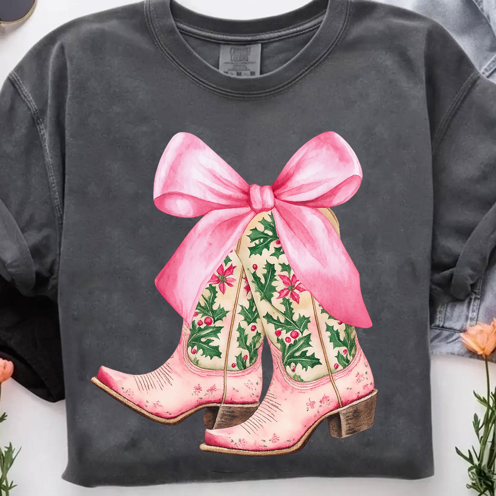 Stylish Women's Graphic T-Shirt with Floral Cowboy Boots and Pink Bow Design - Perfect Casual Fashion Top for Trendy Outfits
 - 7