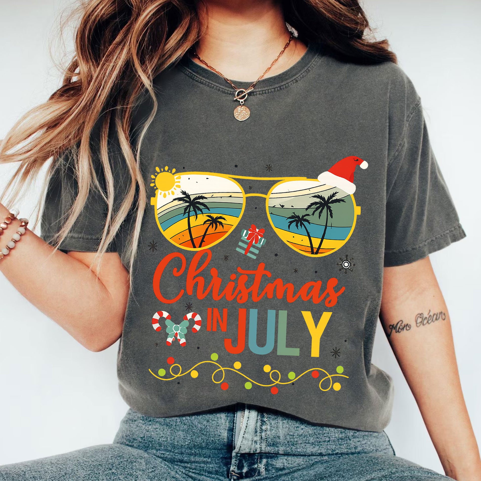 Trendy Christmas in July T-Shirt with Tropical Sunglasses Design | Fun Holiday Graphic Tee for Summer Celebrations and Gifting
 - 1