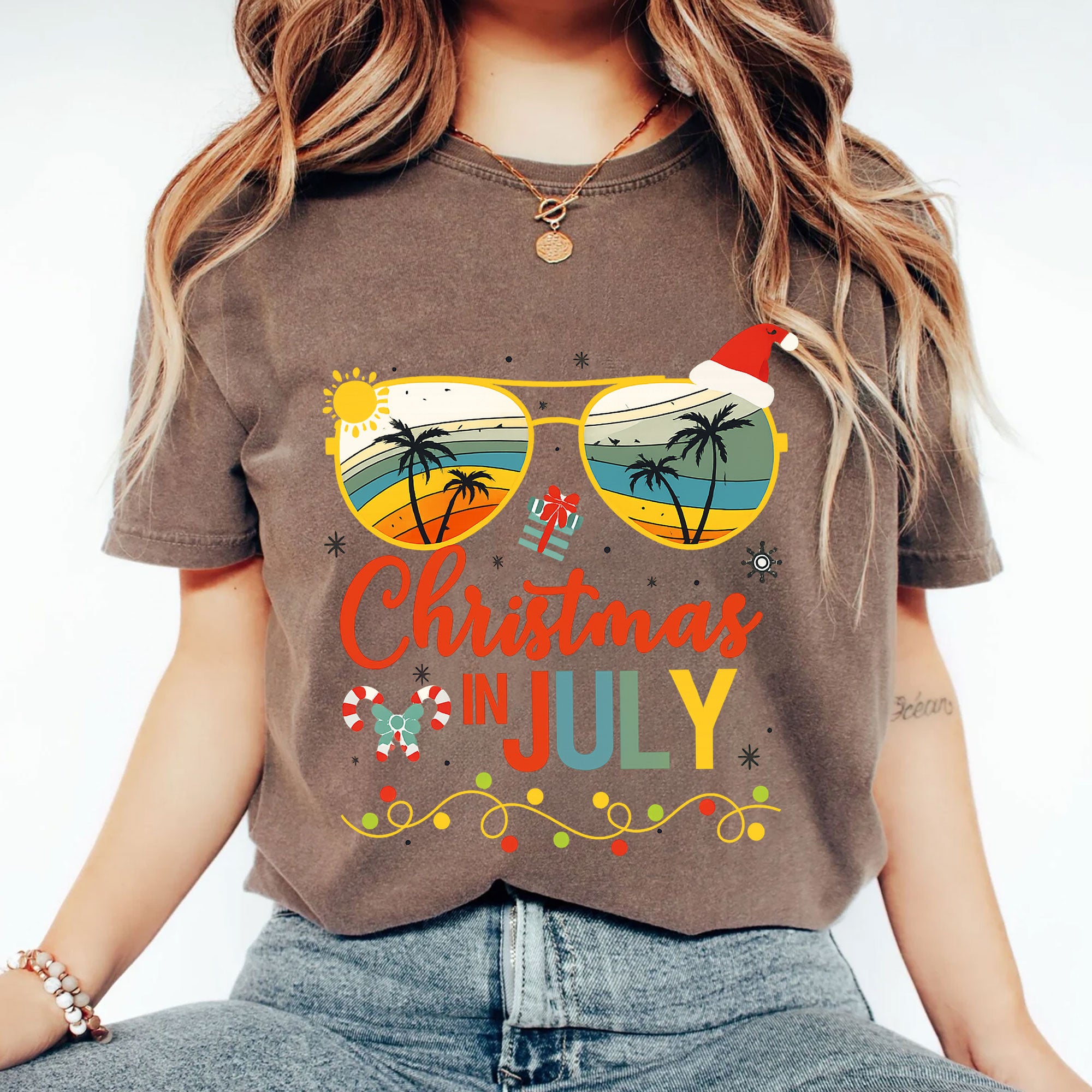 Trendy Christmas in July T-Shirt with Tropical Sunglasses Design | Fun Holiday Graphic Tee for Summer Celebrations and Gifting
 - 2