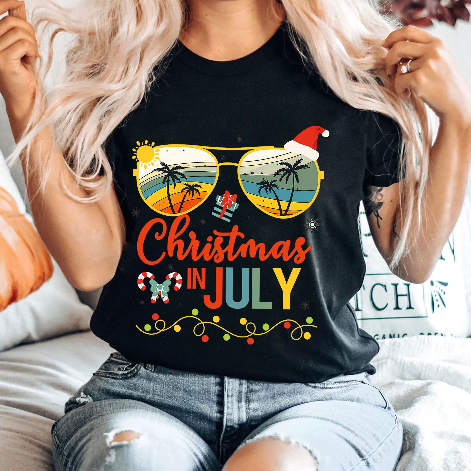 Trendy Christmas in July T-Shirt with Tropical Sunglasses Design | Fun Holiday Graphic Tee for Summer Celebrations and Gifting
 - 4