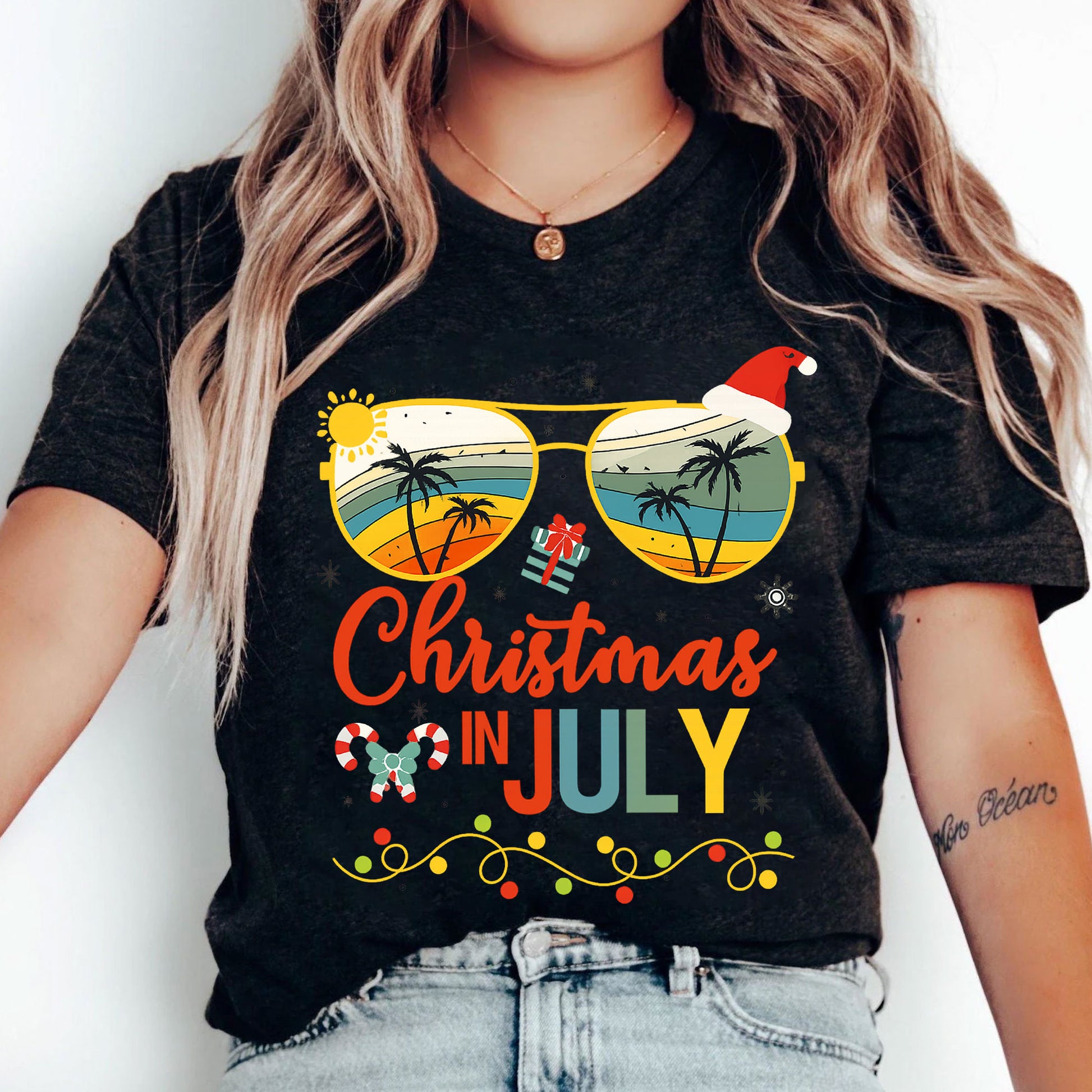 Trendy Christmas in July T-Shirt with Tropical Sunglasses Design | Fun Holiday Graphic Tee for Summer Celebrations and Gifting
 - 5