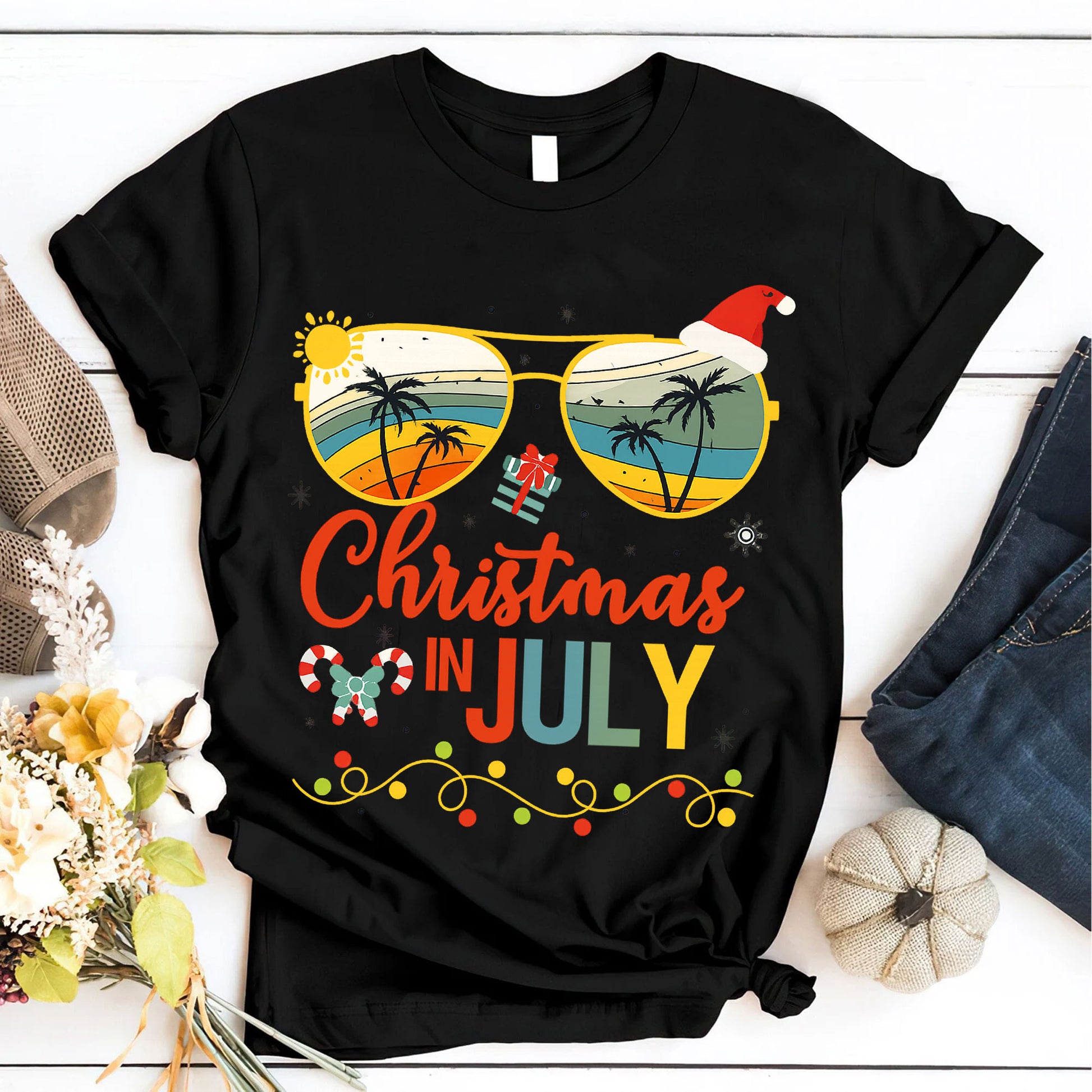 Trendy Christmas in July T-Shirt with Tropical Sunglasses Design | Fun Holiday Graphic Tee for Summer Celebrations and Gifting
 - 6