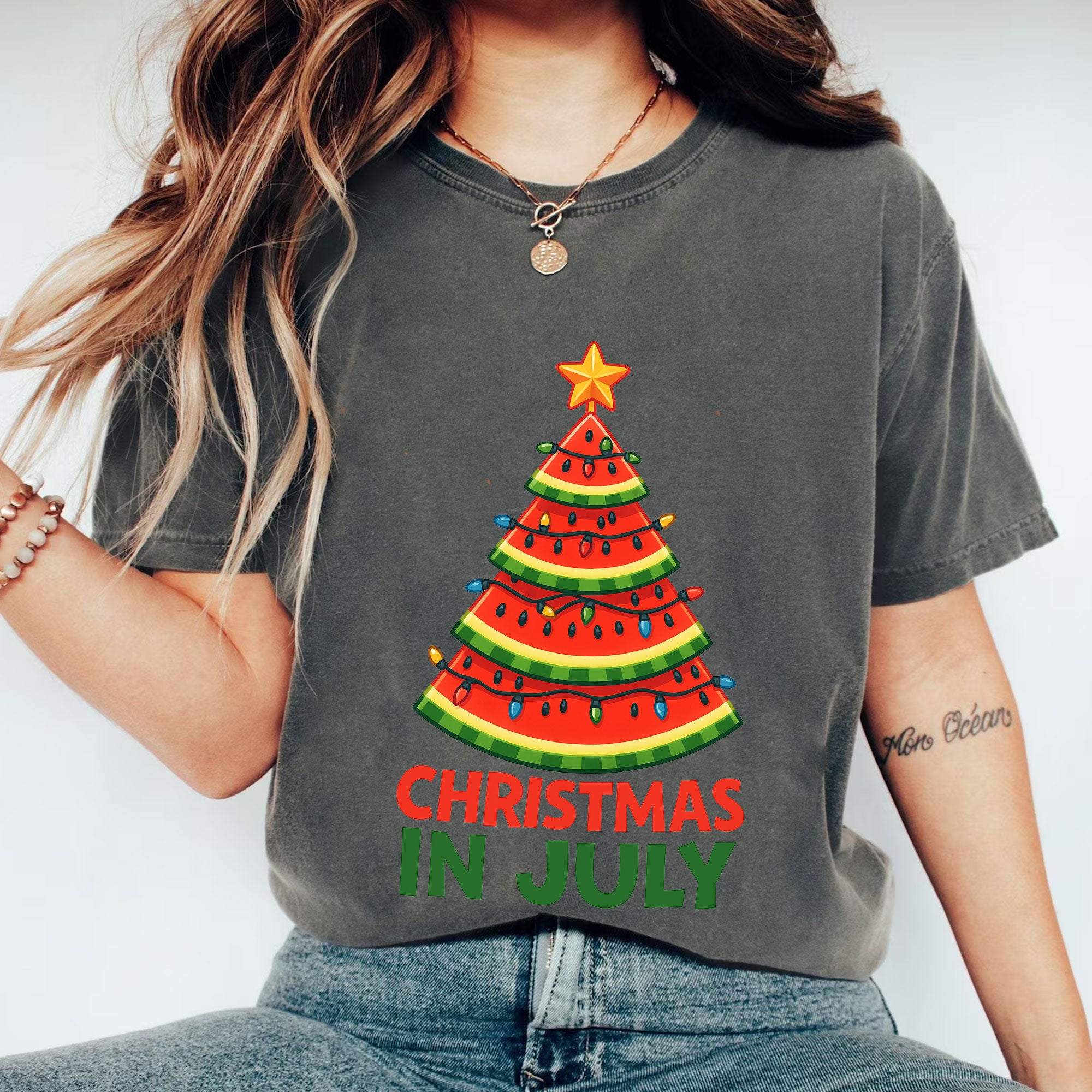 Trendy Christmas in July Watermelon Tree Shirt – Fun Summer Graphic Tee for Holiday Spirit and Unique Seasonal Fashion
 - 1