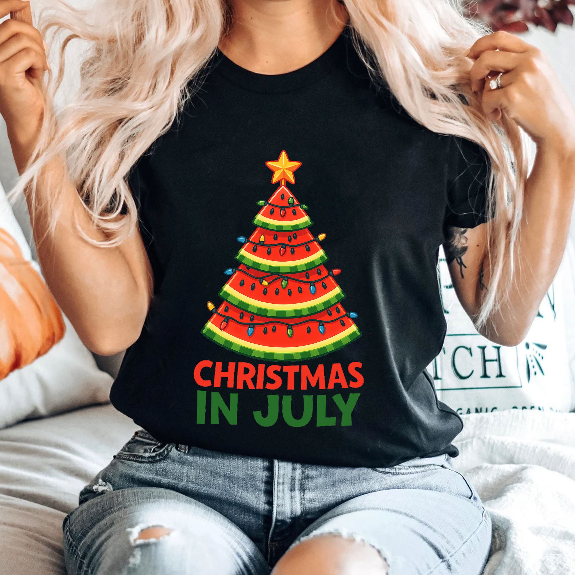 Trendy Christmas in July Watermelon Tree Shirt – Fun Summer Graphic Tee for Holiday Spirit and Unique Seasonal Fashion
 - 4