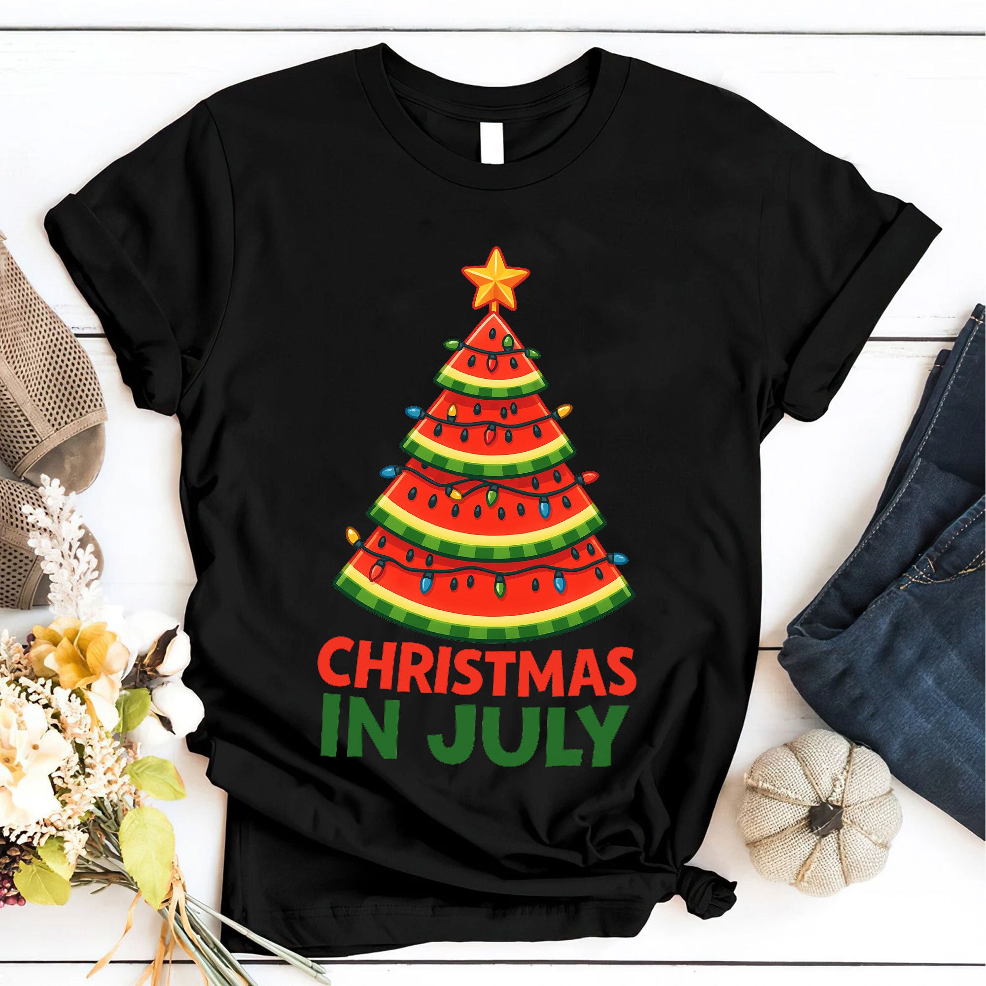 Trendy Christmas in July Watermelon Tree Shirt – Fun Summer Graphic Tee for Holiday Spirit and Unique Seasonal Fashion
 - 6