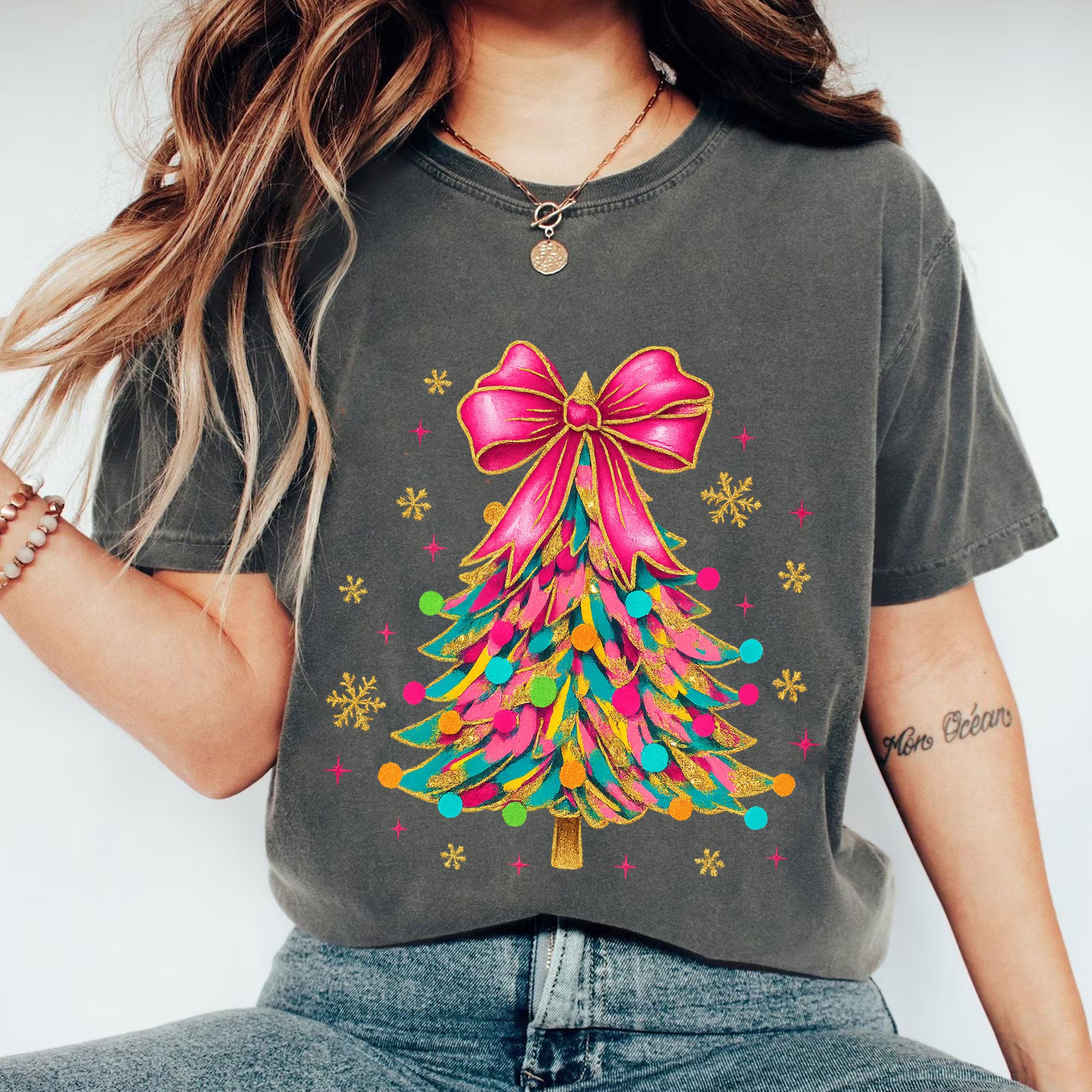 Trendy Christmas Tree Graphic T-Shirt for Women - Vibrant Holiday Tee with Colorful Ribbon and Festive Ornament Design
 - 1
