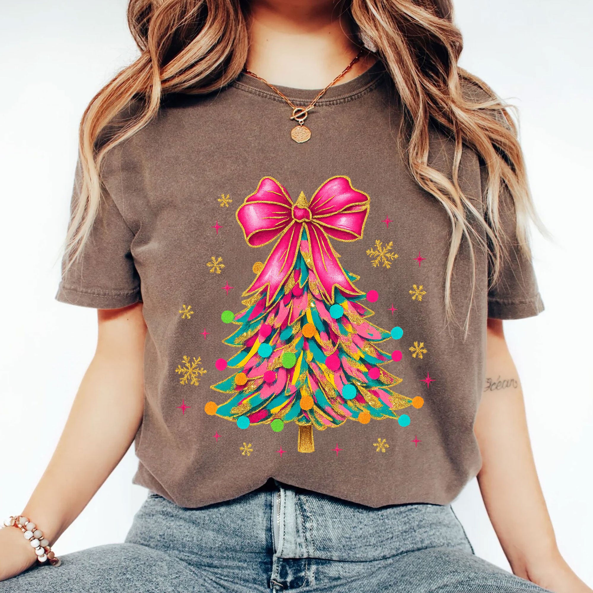 Trendy Christmas Tree Graphic T-Shirt for Women - Vibrant Holiday Tee with Colorful Ribbon and Festive Ornament Design
 - 2