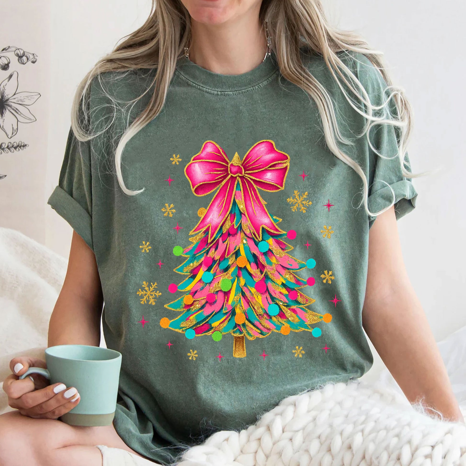 Trendy Christmas Tree Graphic T-Shirt for Women - Vibrant Holiday Tee with Colorful Ribbon and Festive Ornament Design
 - 3