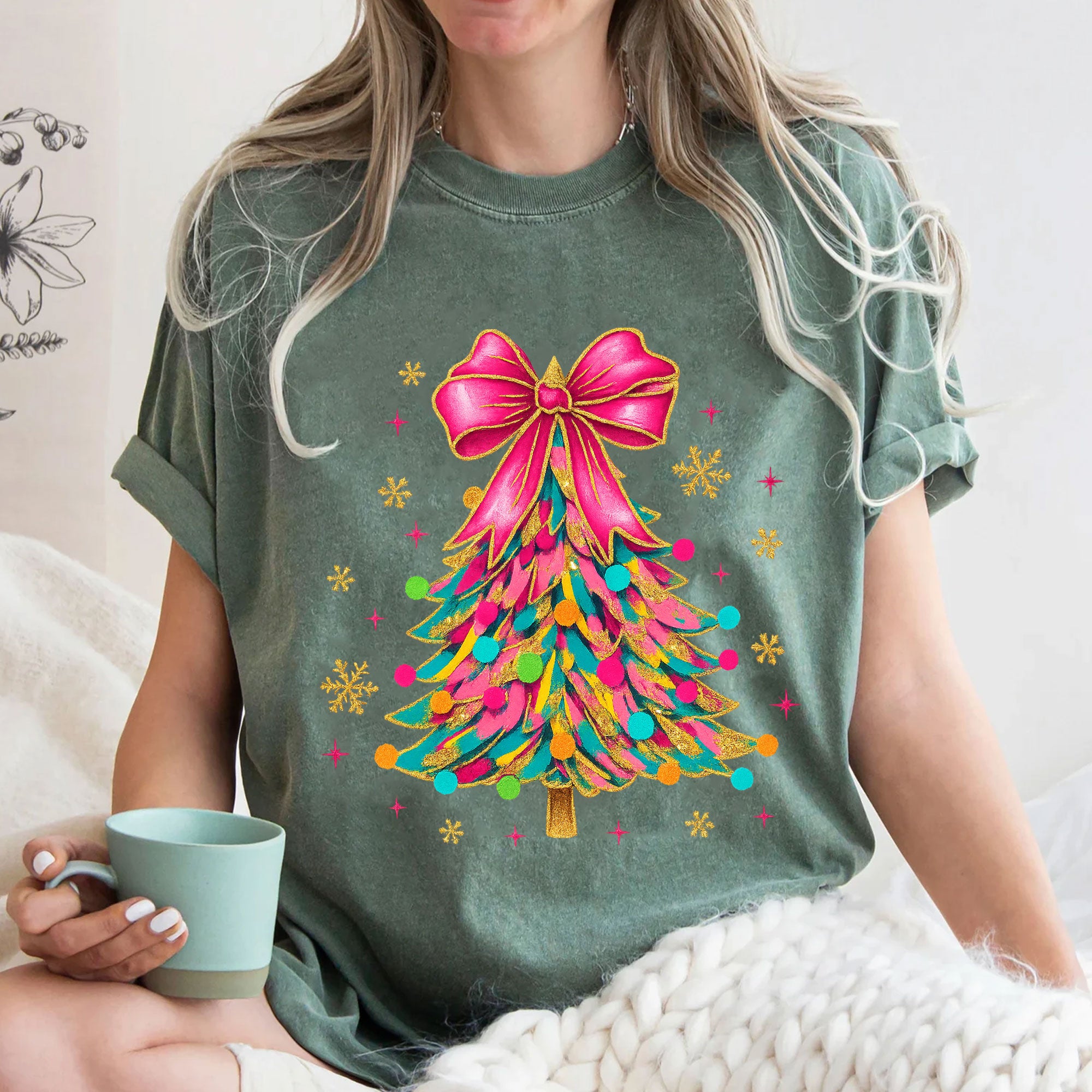 Trendy Christmas Tree Graphic T-Shirt for Women - Vibrant Holiday Tee with Colorful Ribbon and Festive Ornament Design
 - 3