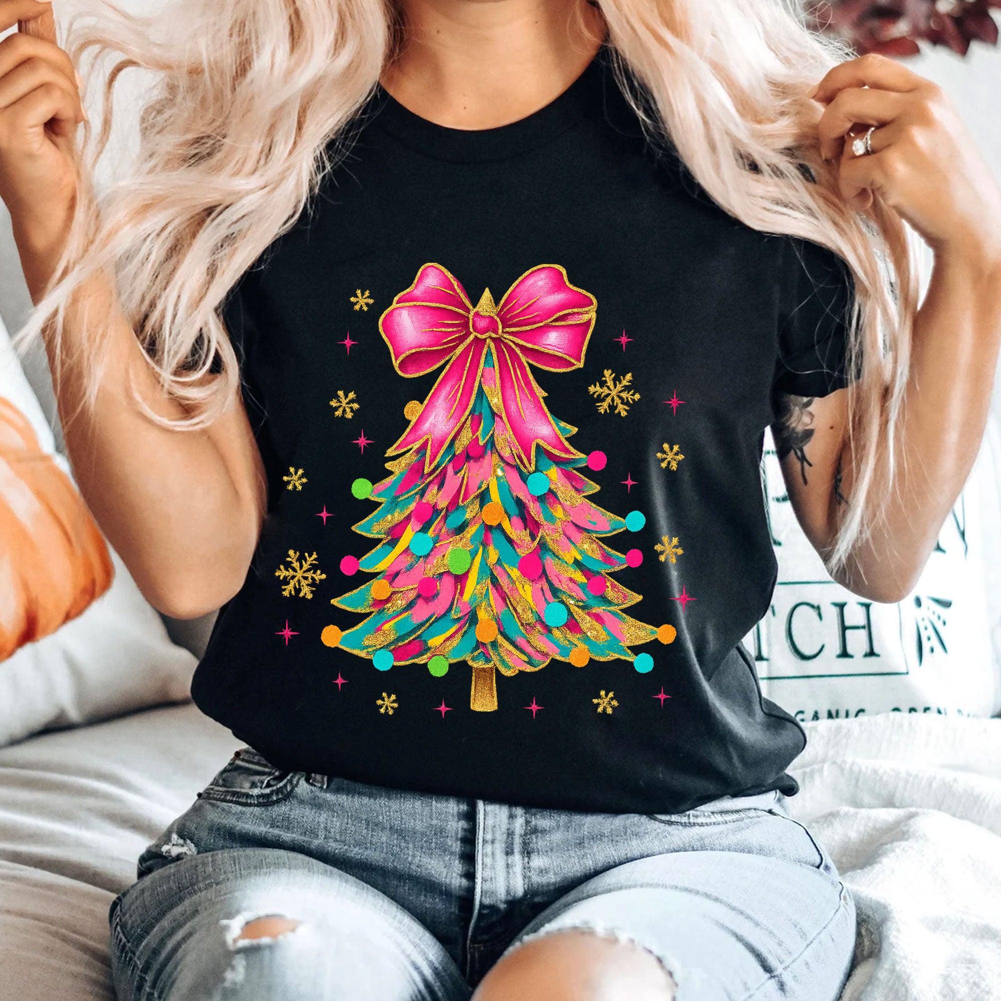 Trendy Christmas Tree Graphic T-Shirt for Women - Vibrant Holiday Tee with Colorful Ribbon and Festive Ornament Design
 - 4