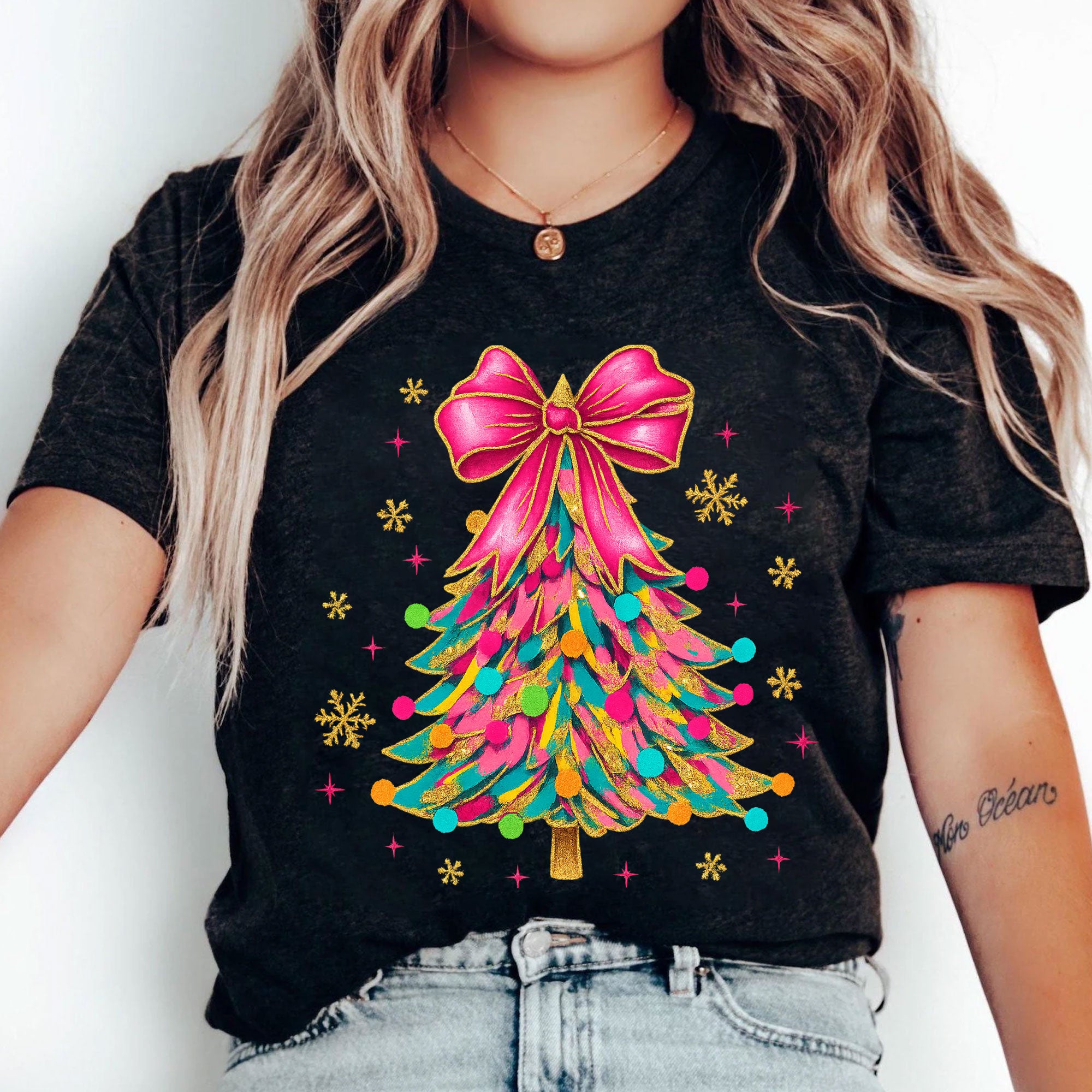 Trendy Christmas Tree Graphic T-Shirt for Women - Vibrant Holiday Tee with Colorful Ribbon and Festive Ornament Design
 - 5