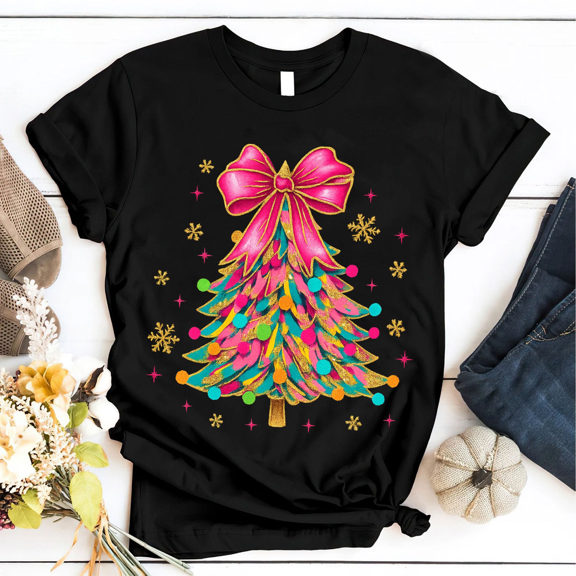 Trendy Christmas Tree Graphic T-Shirt for Women - Vibrant Holiday Tee with Colorful Ribbon and Festive Ornament Design
 - 6