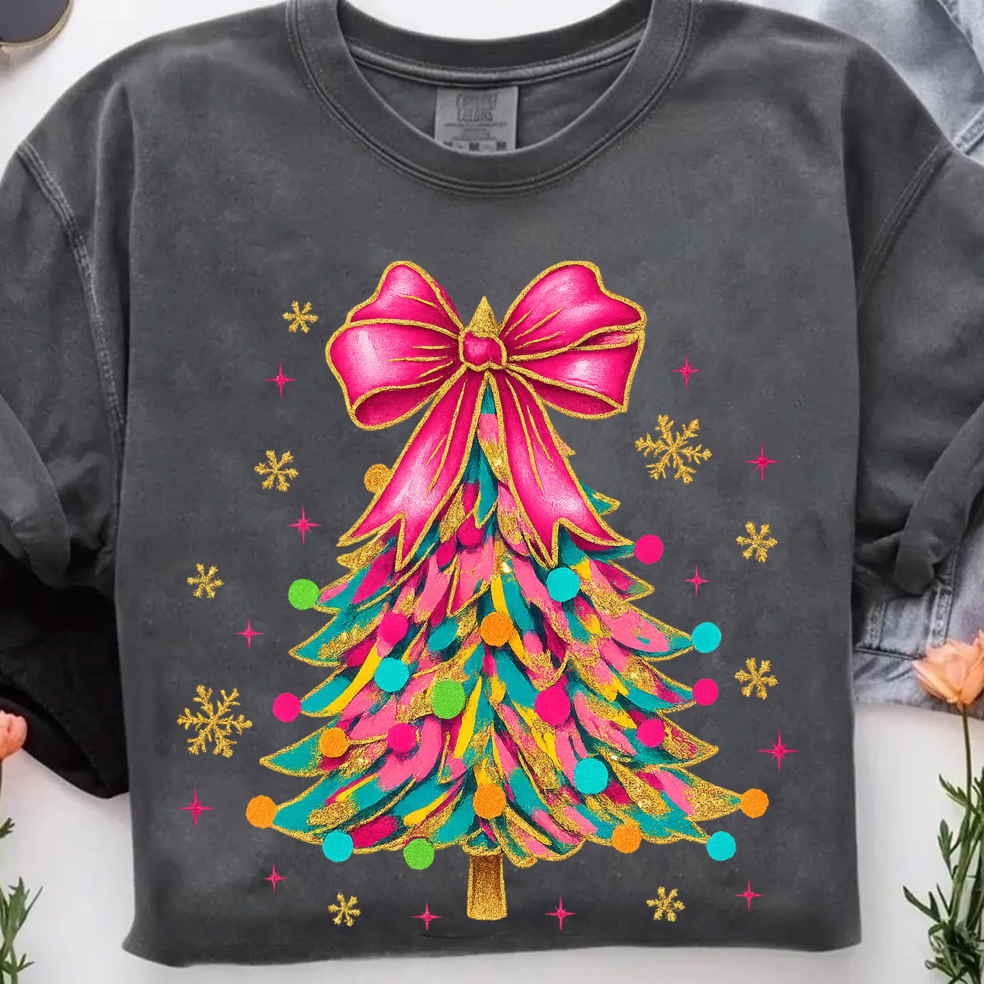 Trendy Christmas Tree Graphic T-Shirt for Women - Vibrant Holiday Tee with Colorful Ribbon and Festive Ornament Design
 - 7