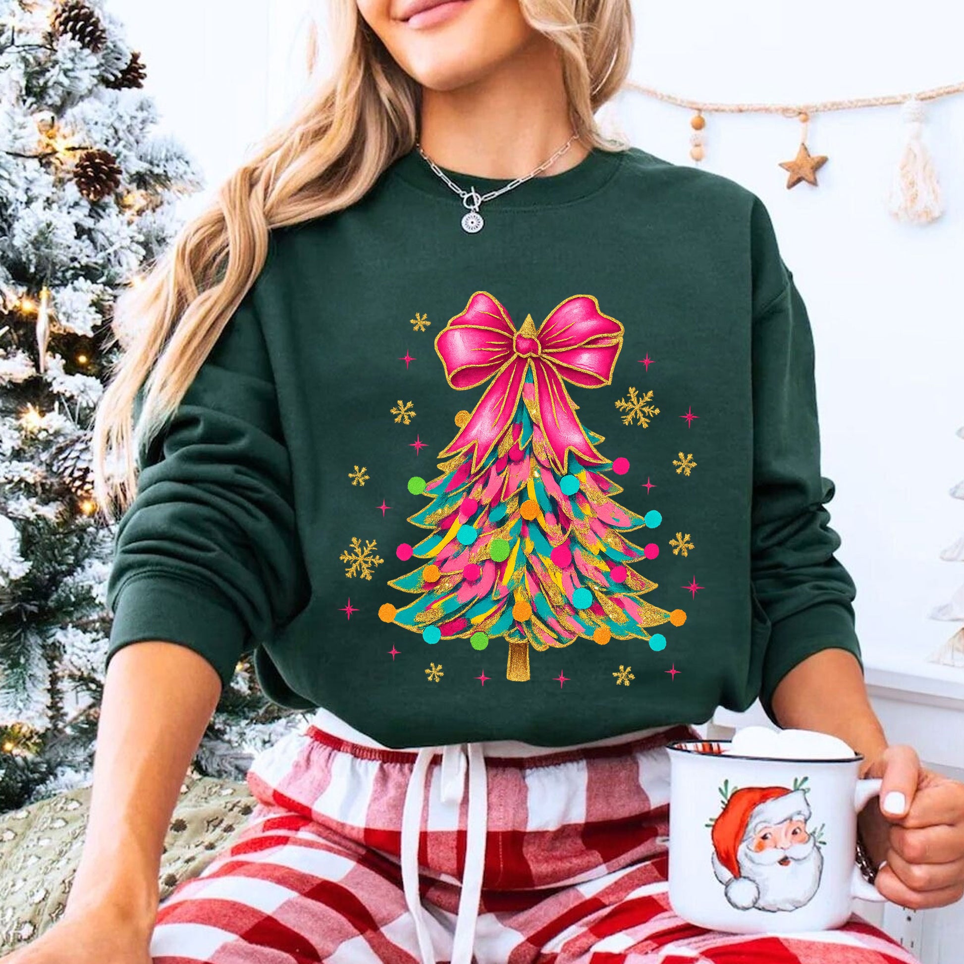 Trendy Christmas Tree Graphic T-Shirt for Women - Vibrant Holiday Tee with Colorful Ribbon and Festive Ornament Design
 - 8