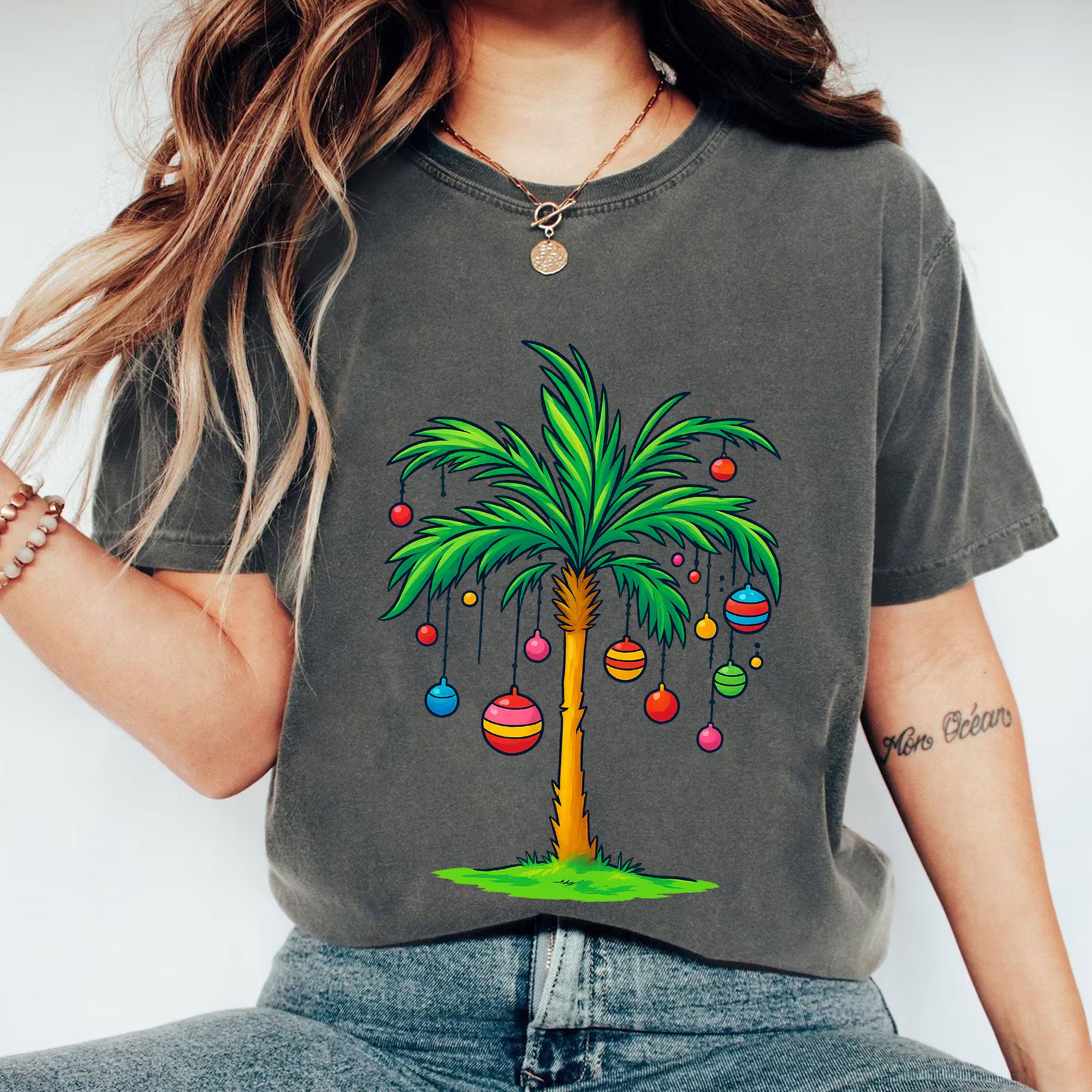 Trendy Coconut Christmas Tree Graphic Tee - Casual Holiday Palm Tree Design Shirt - Fun Summer Vibes Festive Outfit for Women
 - 1