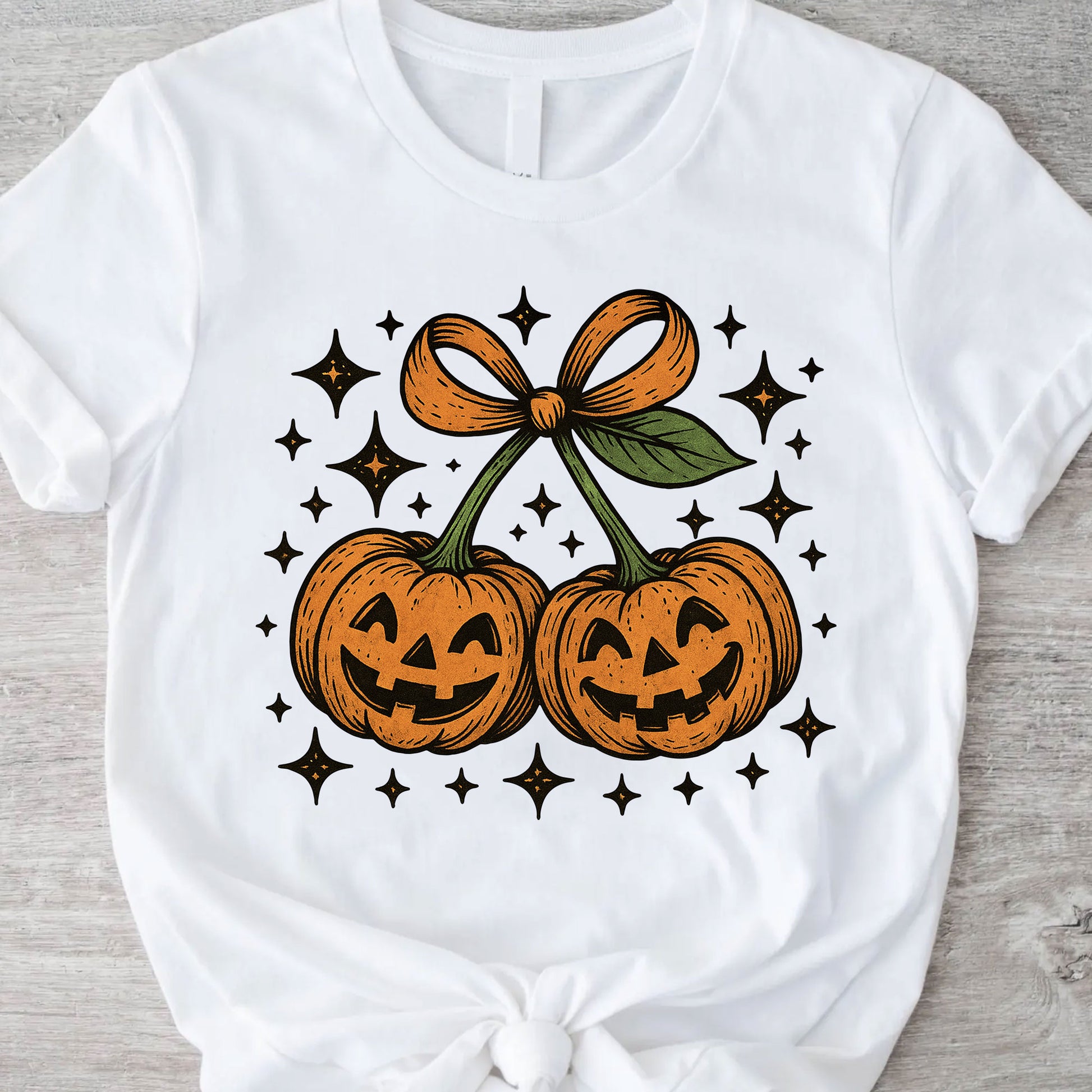 Trendy Halloween Pumpkin Graphic Tee - Spooky Vintage Jack-O'-Lanterns with Bow Design, Perfect for Festive Autumn Celebrations
 - 11