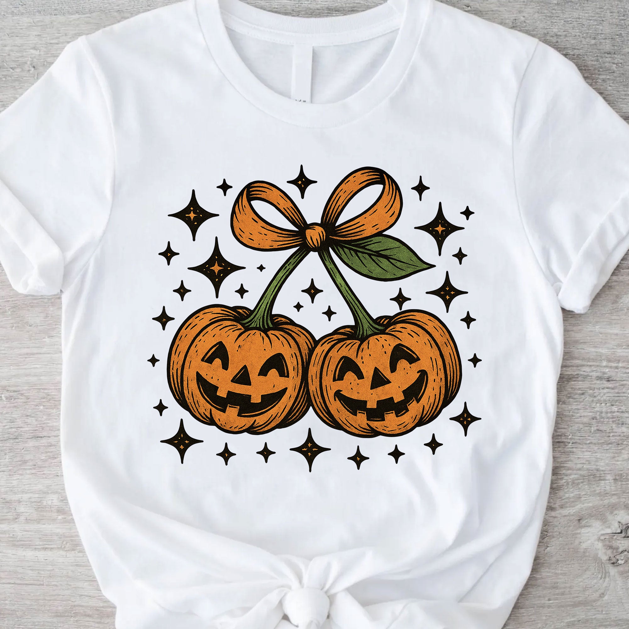 Trendy Halloween Pumpkin Graphic Tee - Spooky Vintage Jack-O'-Lanterns with Bow Design, Perfect for Festive Autumn Celebrations
 - 11