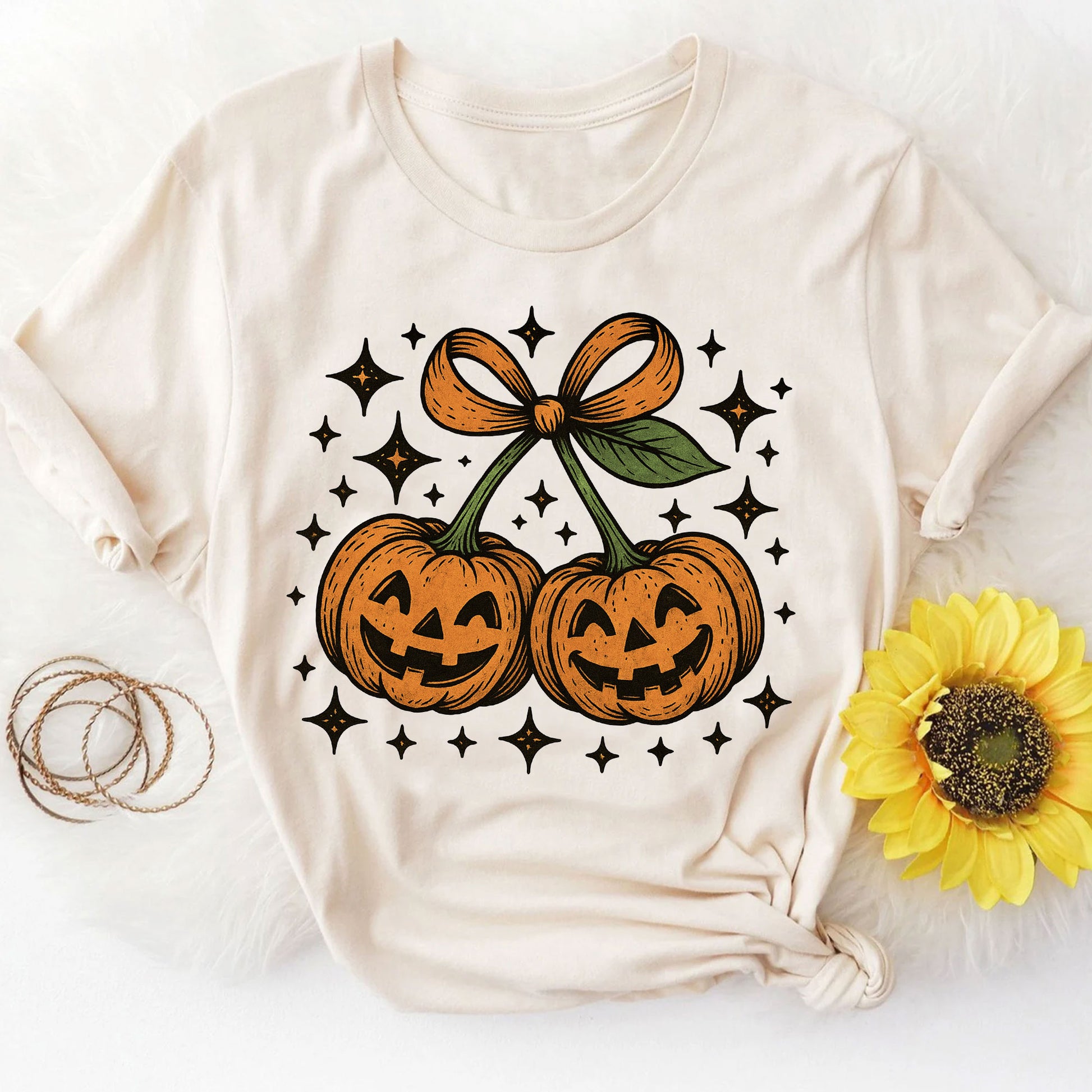 Trendy Halloween Pumpkin Graphic Tee - Spooky Vintage Jack-O'-Lanterns with Bow Design, Perfect for Festive Autumn Celebrations
 - 8