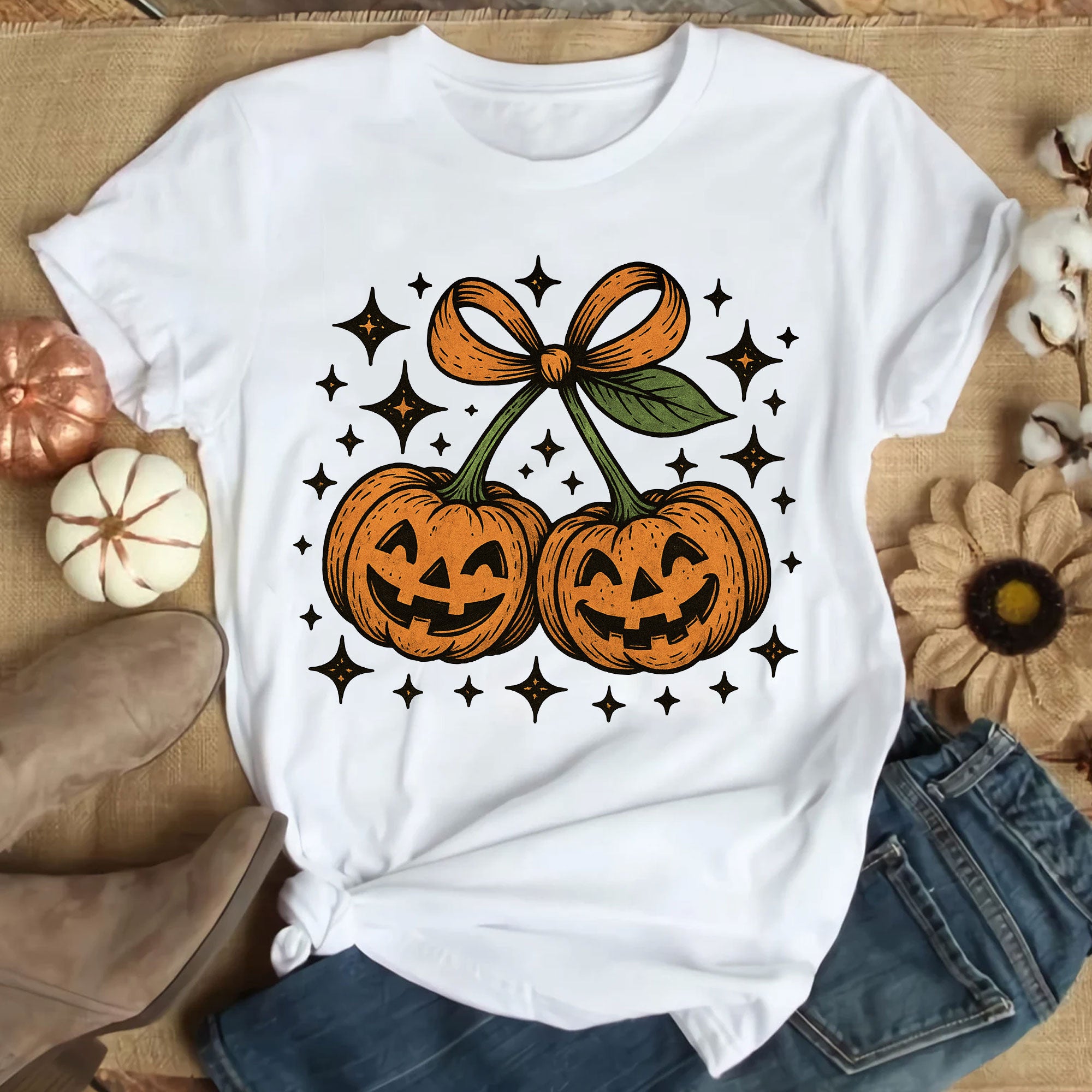 Trendy Halloween Pumpkin Graphic Tee - Spooky Vintage Jack-O'-Lanterns with Bow Design, Perfect for Festive Autumn Celebrations
 - 9