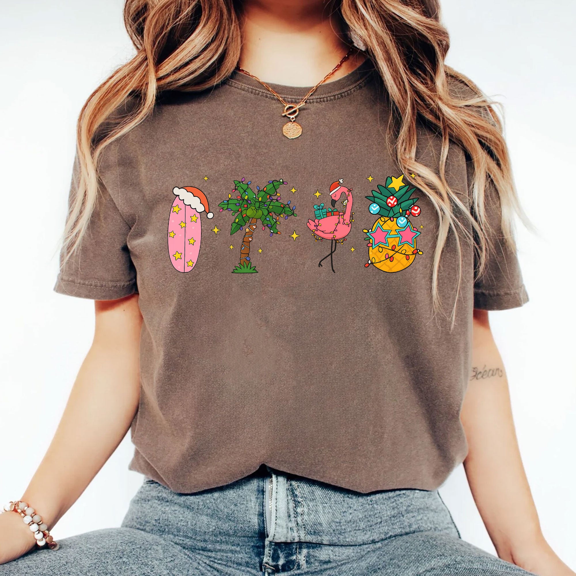 Trendy Holiday Graphic T-Shirt for Women - Fun Flamingo and Tropical Christmas Print - Soft Casual Fit Tee for Festive Seasons
 - 2