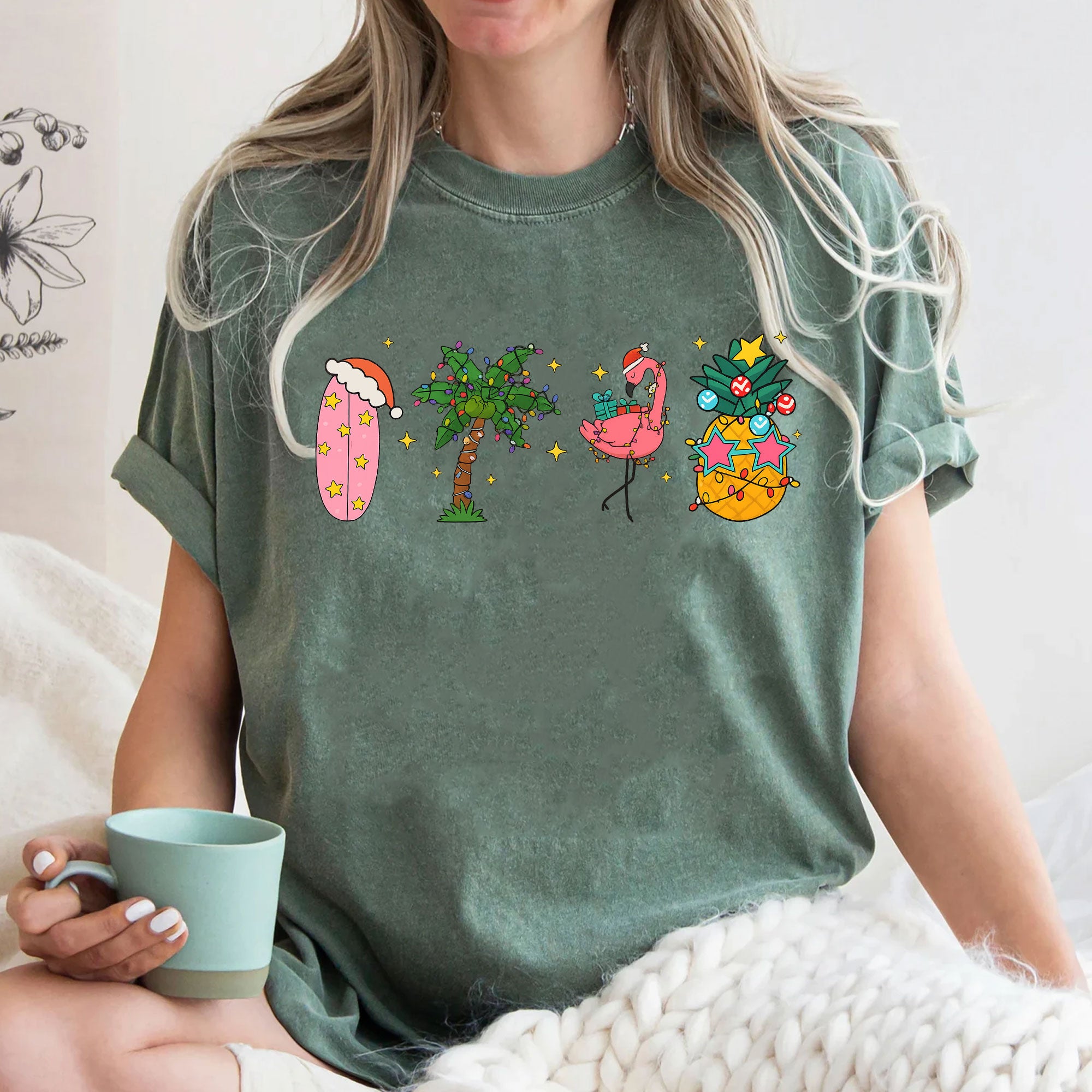 Trendy Holiday Graphic T-Shirt for Women - Fun Flamingo and Tropical Christmas Print - Soft Casual Fit Tee for Festive Seasons
 - 3