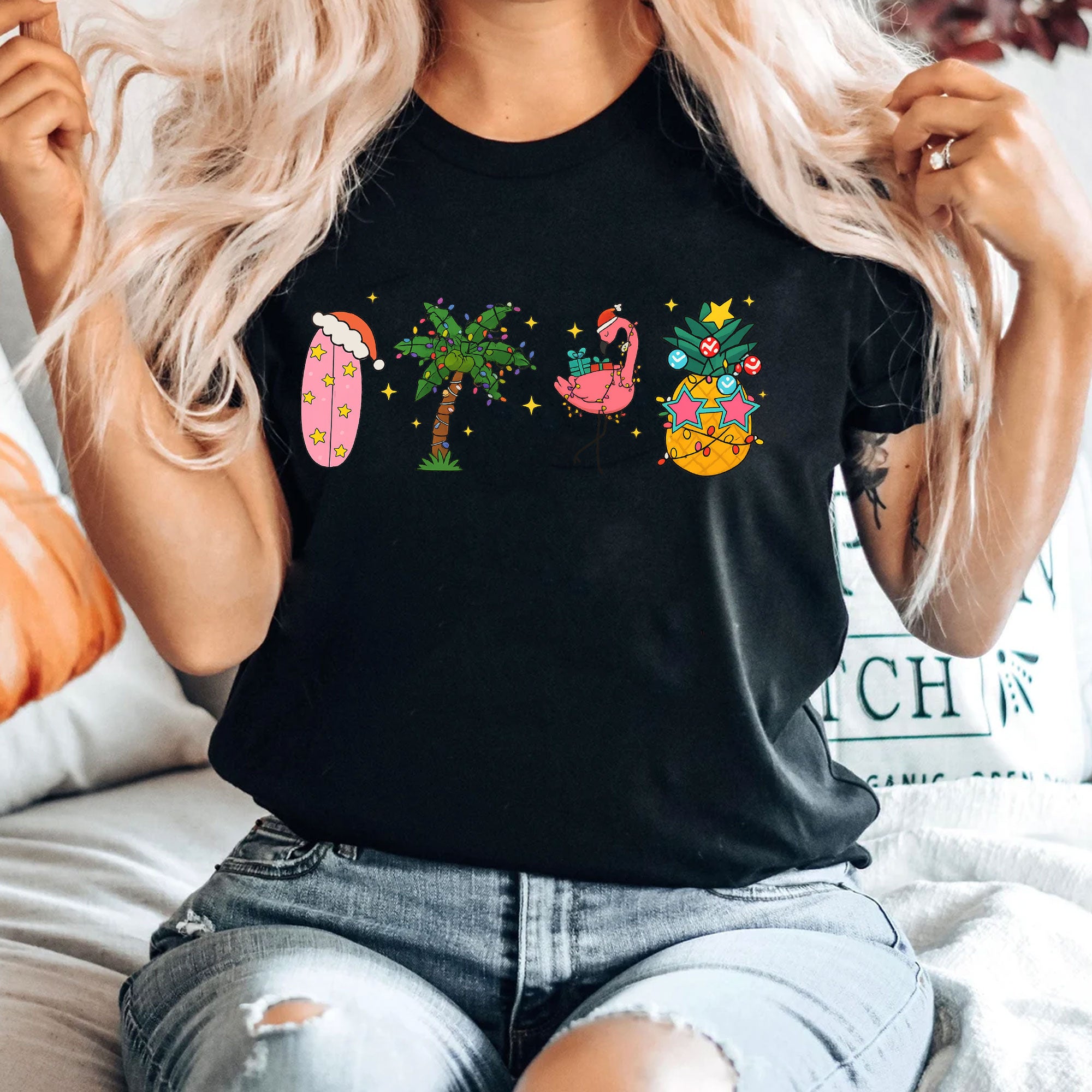 Trendy Holiday Graphic T-Shirt for Women - Fun Flamingo and Tropical Christmas Print - Soft Casual Fit Tee for Festive Seasons
 - 4