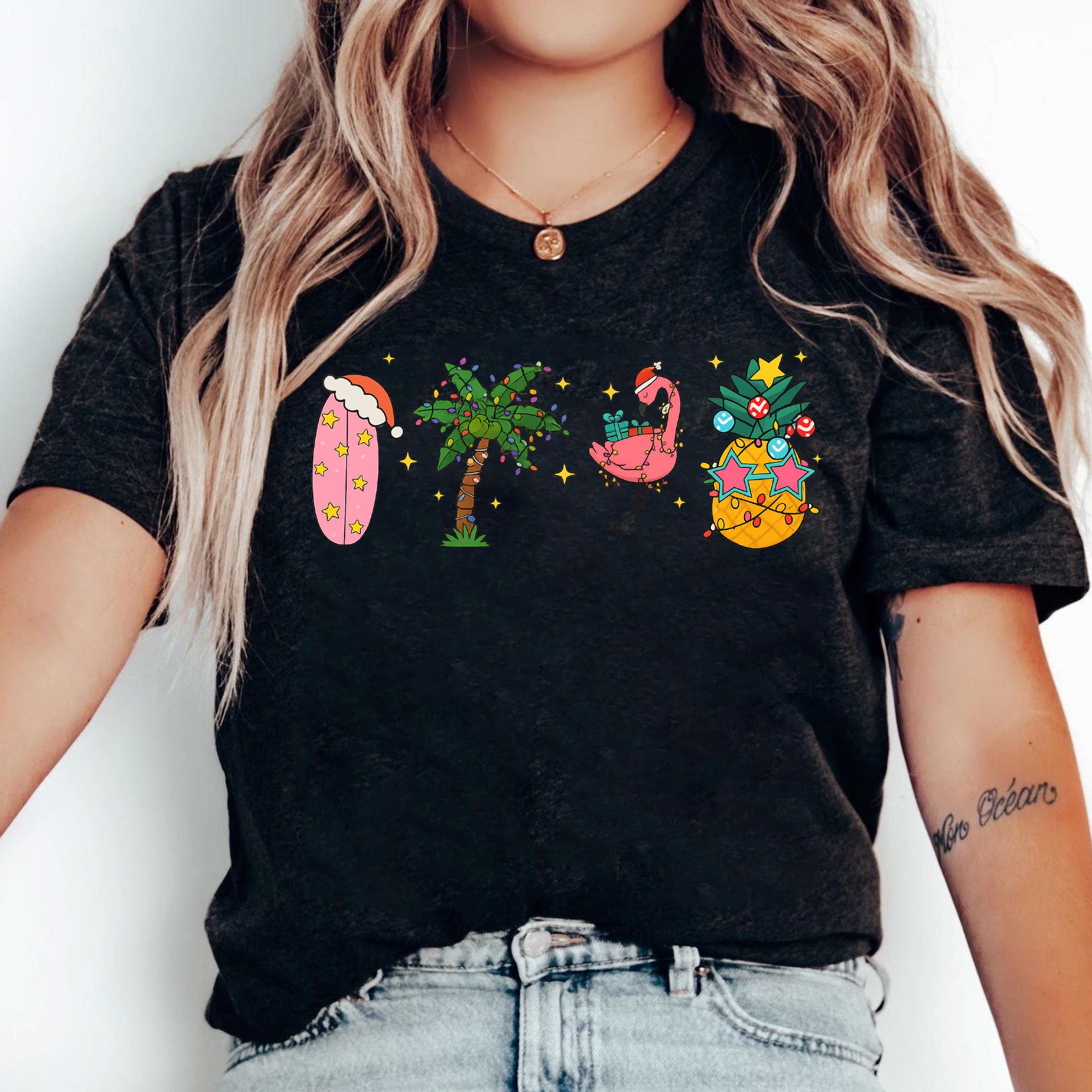 Trendy Holiday Graphic T-Shirt for Women - Fun Flamingo and Tropical Christmas Print - Soft Casual Fit Tee for Festive Seasons
 - 5