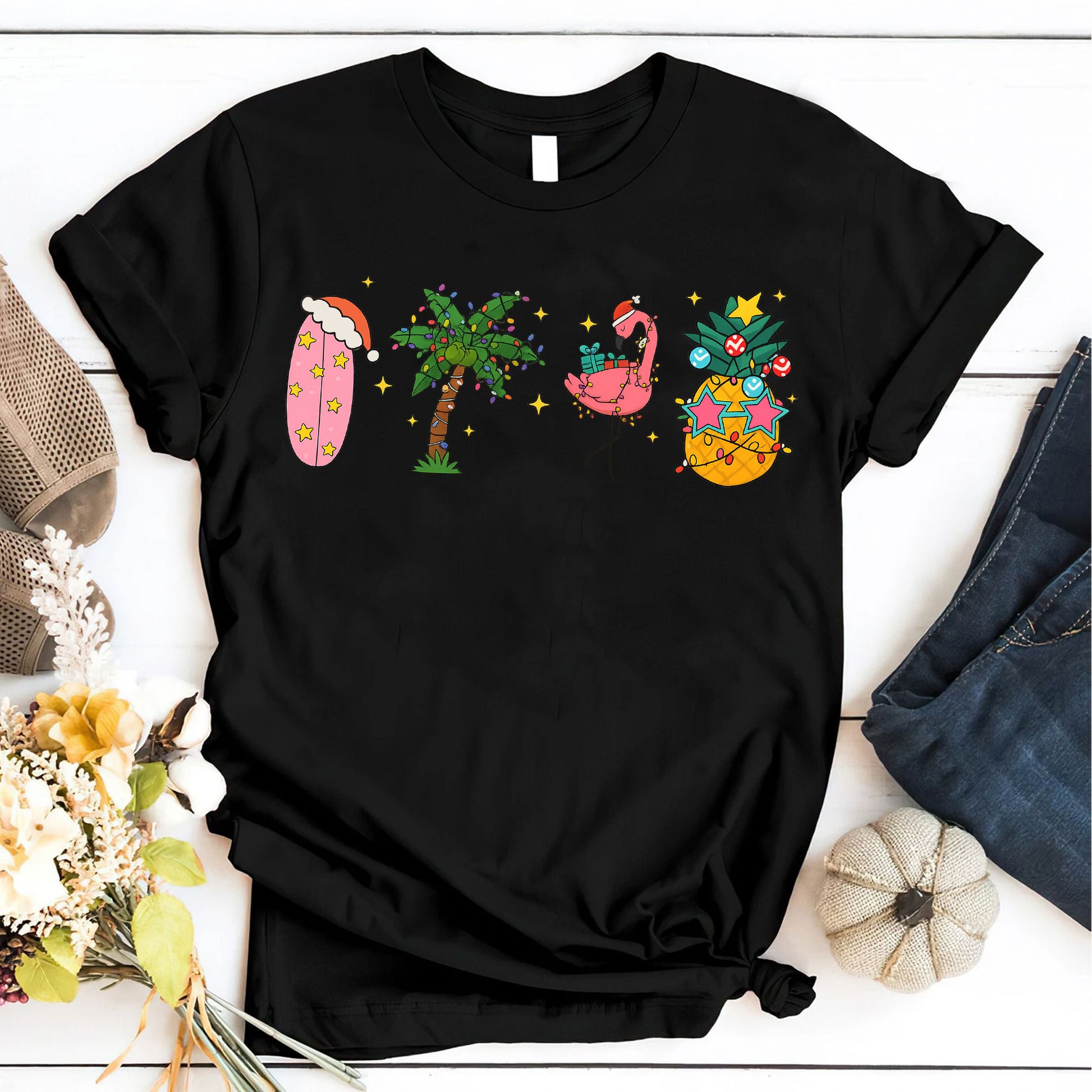Trendy Holiday Graphic T-Shirt for Women - Fun Flamingo and Tropical Christmas Print - Soft Casual Fit Tee for Festive Seasons
 - 6