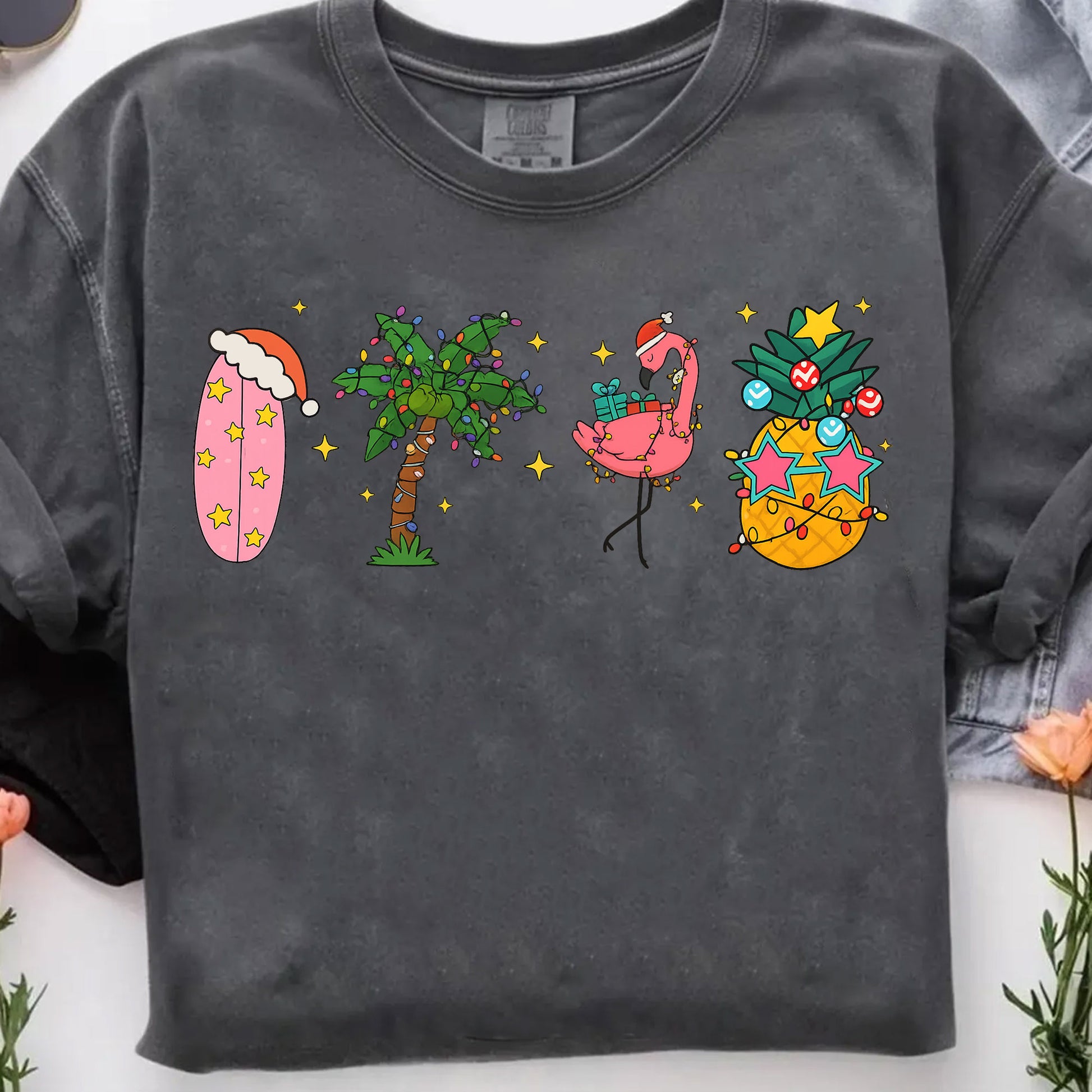 Trendy Holiday Graphic T-Shirt for Women - Fun Flamingo and Tropical Christmas Print - Soft Casual Fit Tee for Festive Seasons
 - 7