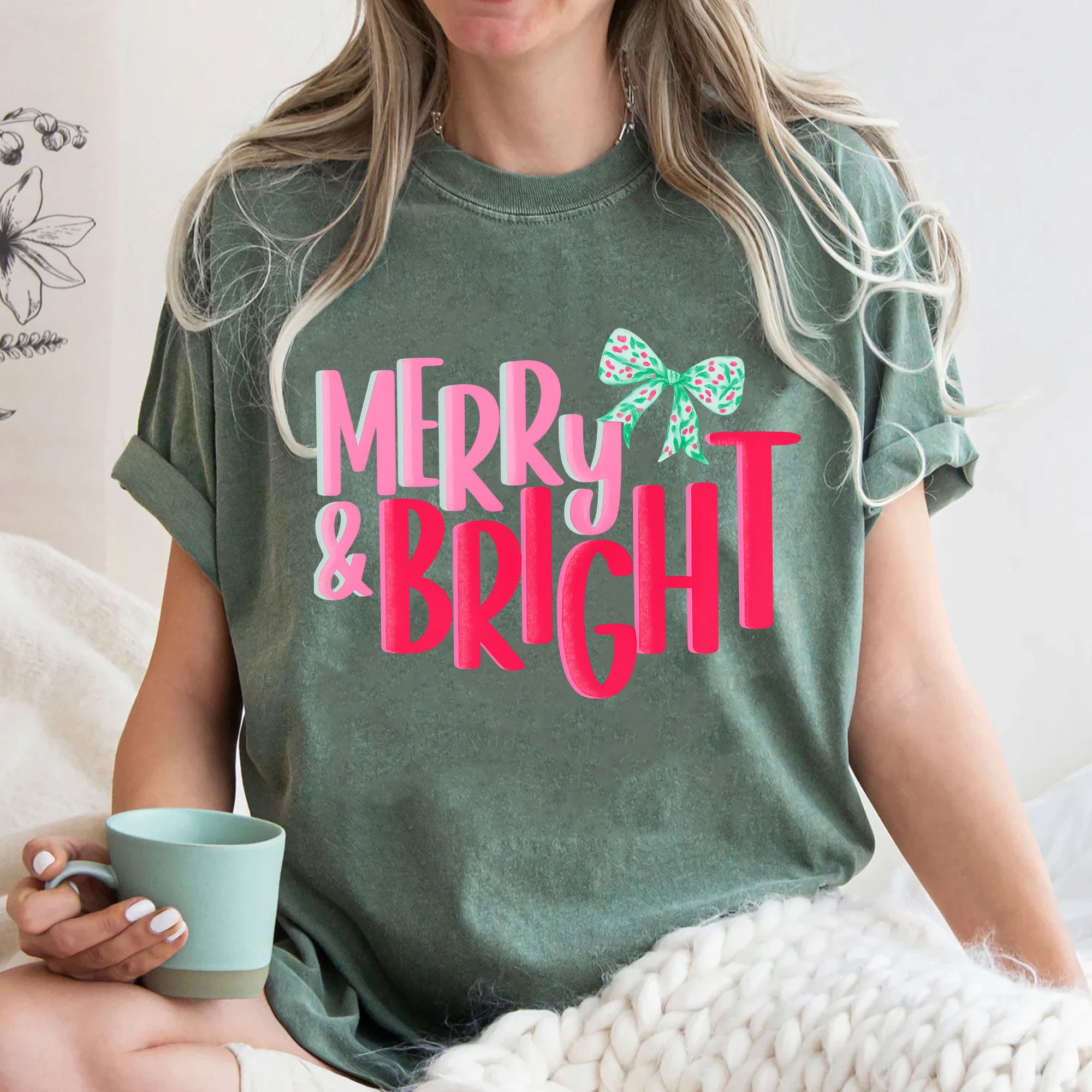 Trendy Merry & Bright Christmas Graphic Tee for Women – Festive Holiday T-Shirt with Colorful Bow Design | Perfect Gift Idea
 - 3