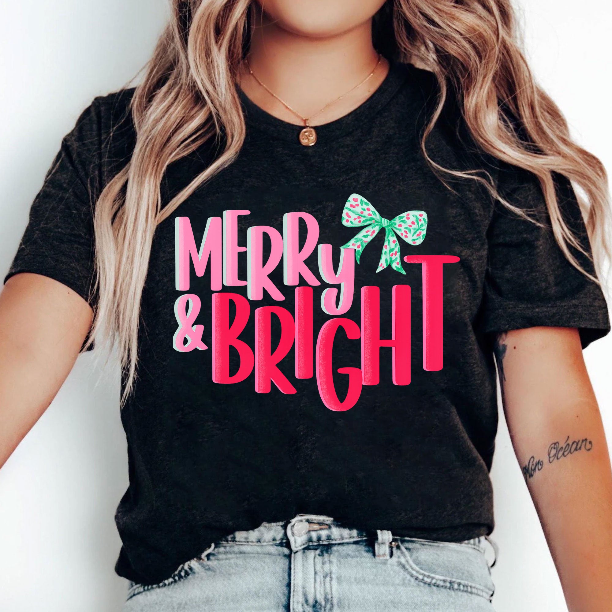 Trendy Merry & Bright Christmas Graphic Tee for Women – Festive Holiday T-Shirt with Colorful Bow Design | Perfect Gift Idea
 - 5