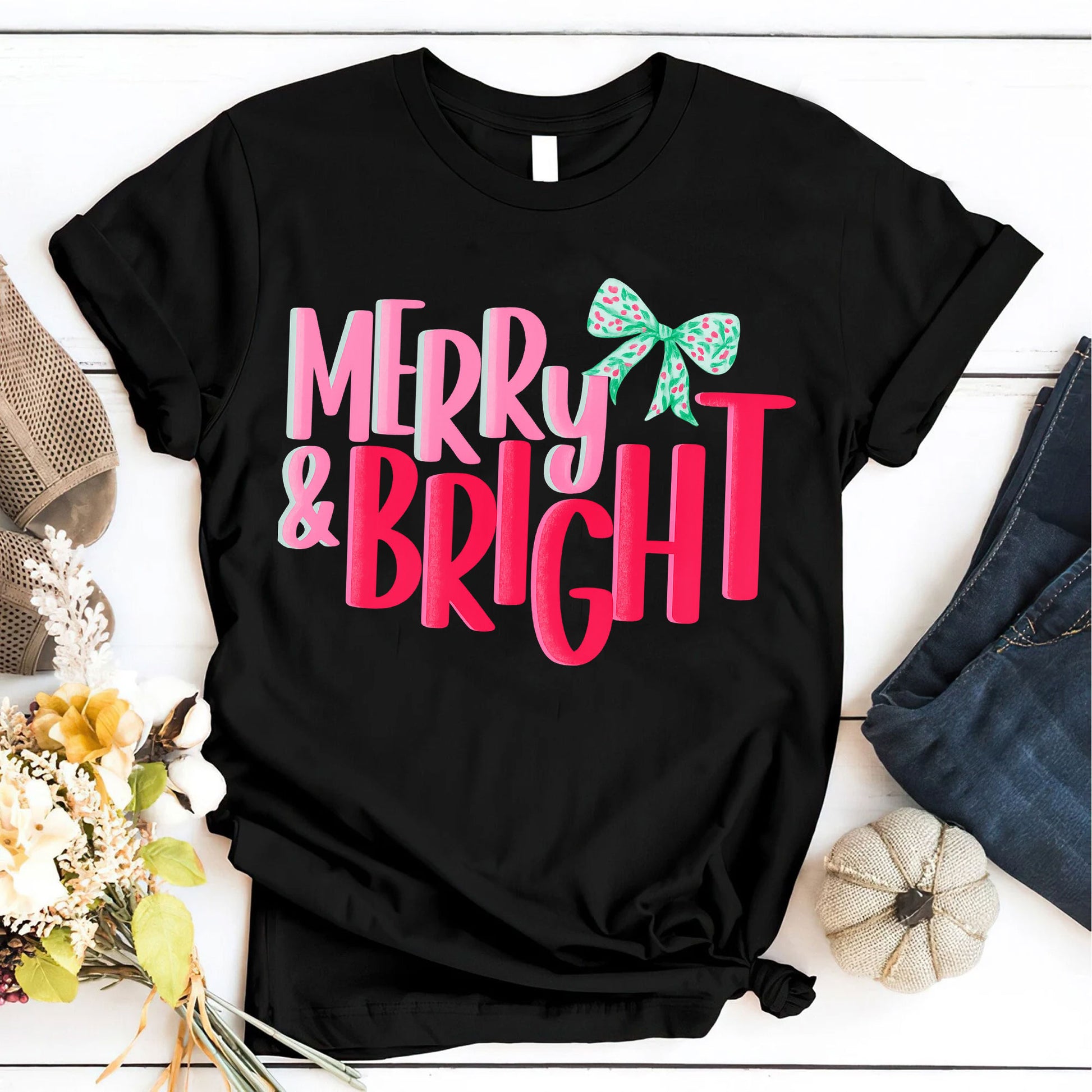 Trendy Merry & Bright Christmas Graphic Tee for Women – Festive Holiday T-Shirt with Colorful Bow Design | Perfect Gift Idea
 - 6