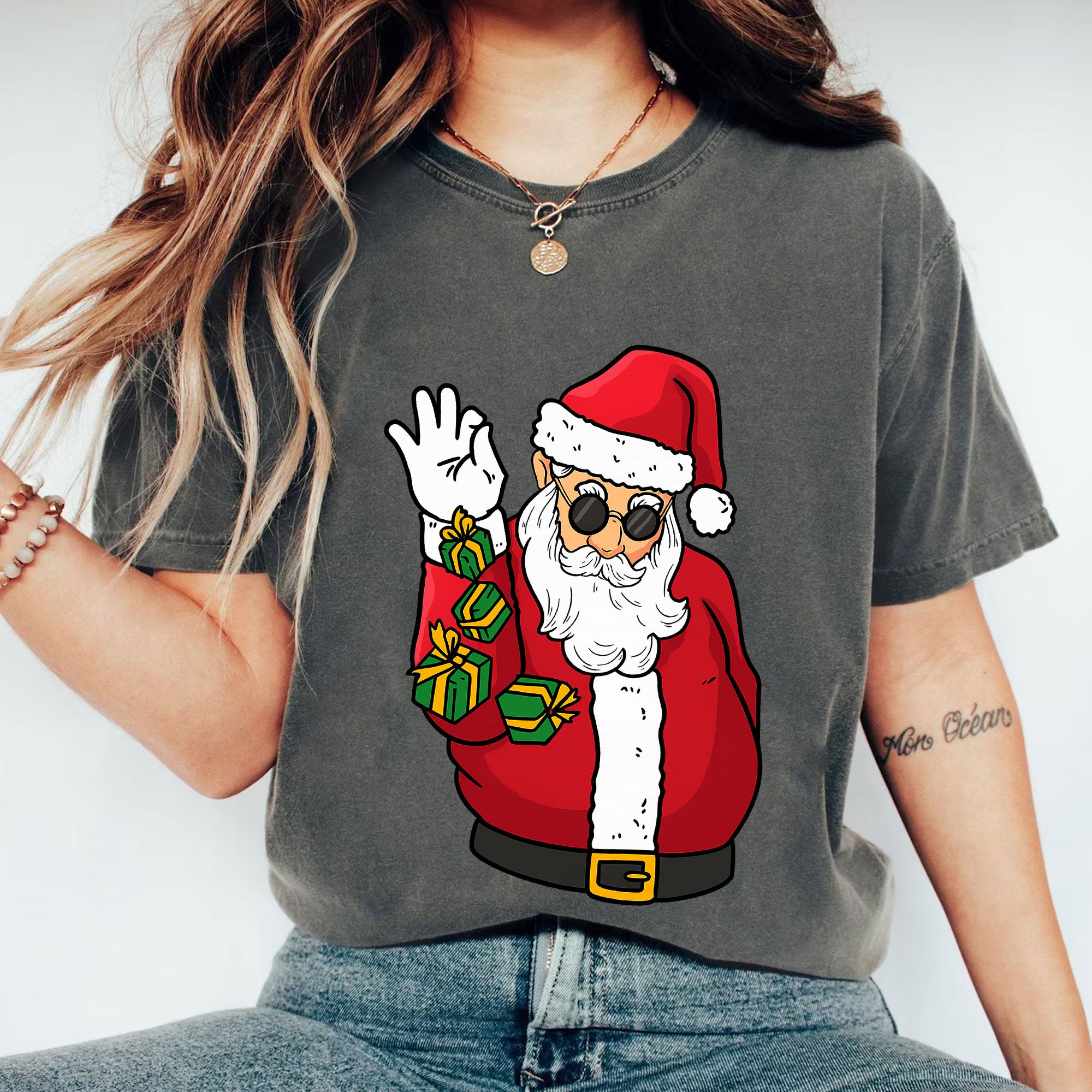 Trendy Santa Claus Graphic T-Shirt for Women - Funky Christmas Tee with Cool Shades and Presents, Perfect for Holiday Celebrations
 - 1