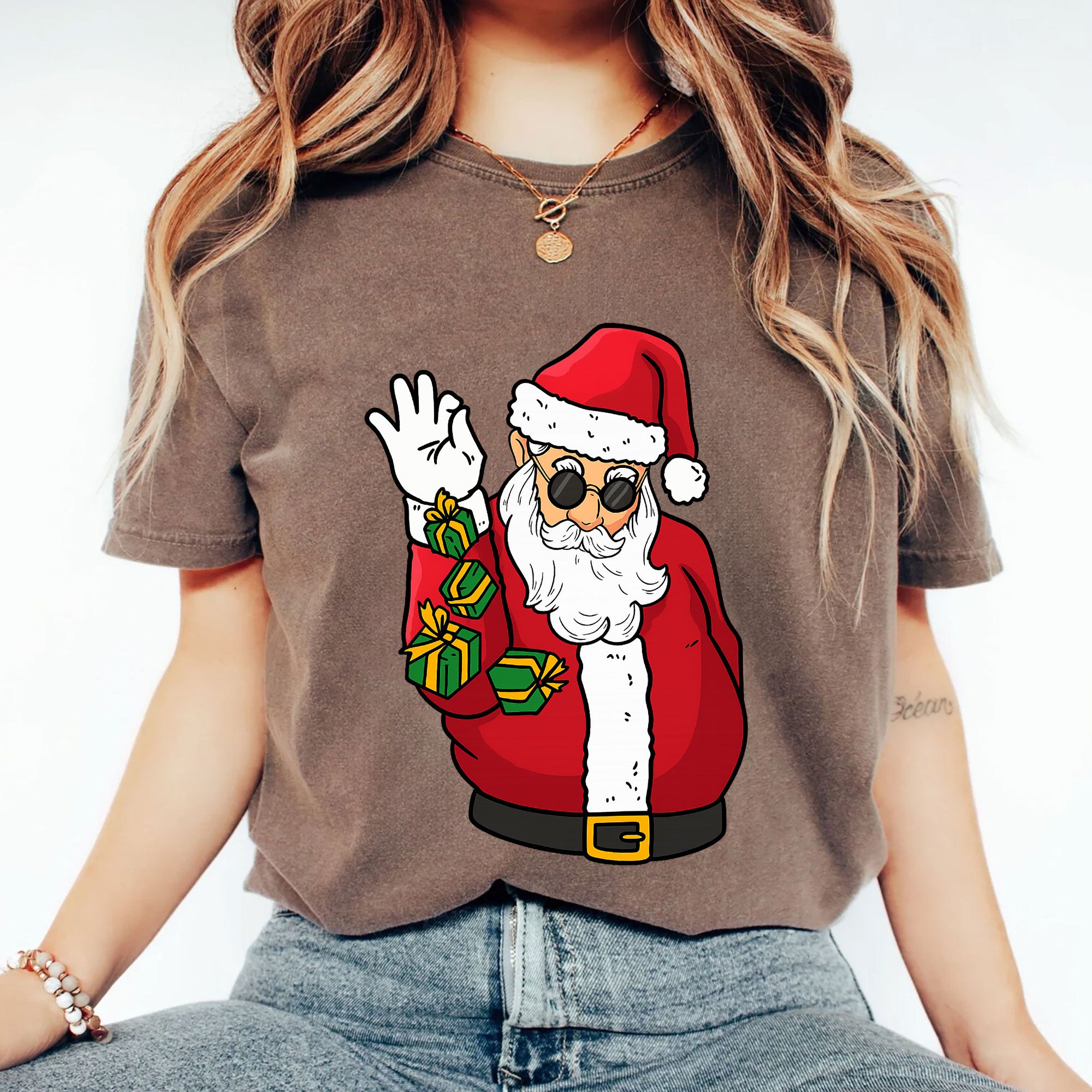Trendy Santa Claus Graphic T-Shirt for Women - Funky Christmas Tee with Cool Shades and Presents, Perfect for Holiday Celebrations
 - 2