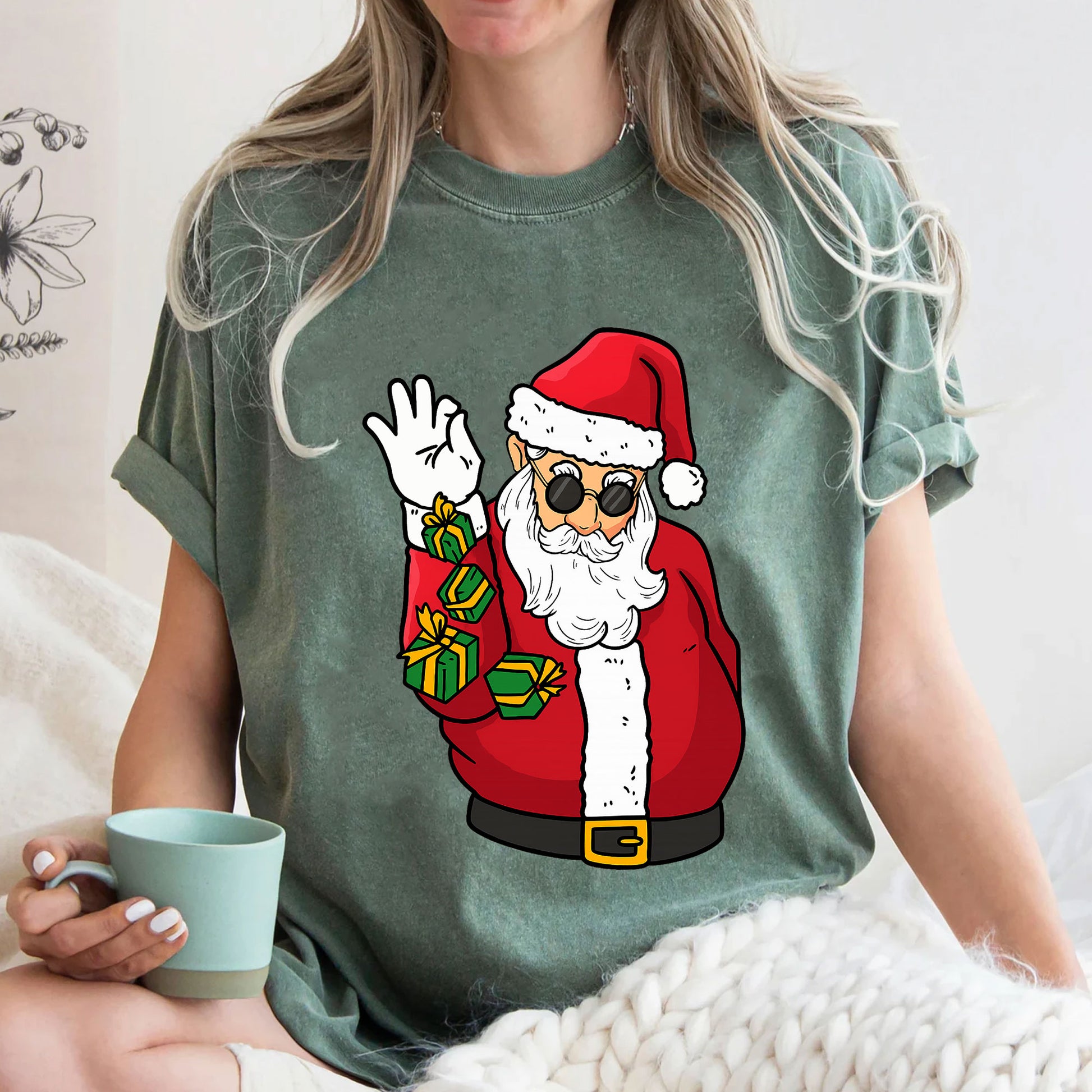 Trendy Santa Claus Graphic T-Shirt for Women - Funky Christmas Tee with Cool Shades and Presents, Perfect for Holiday Celebrations
 - 3
