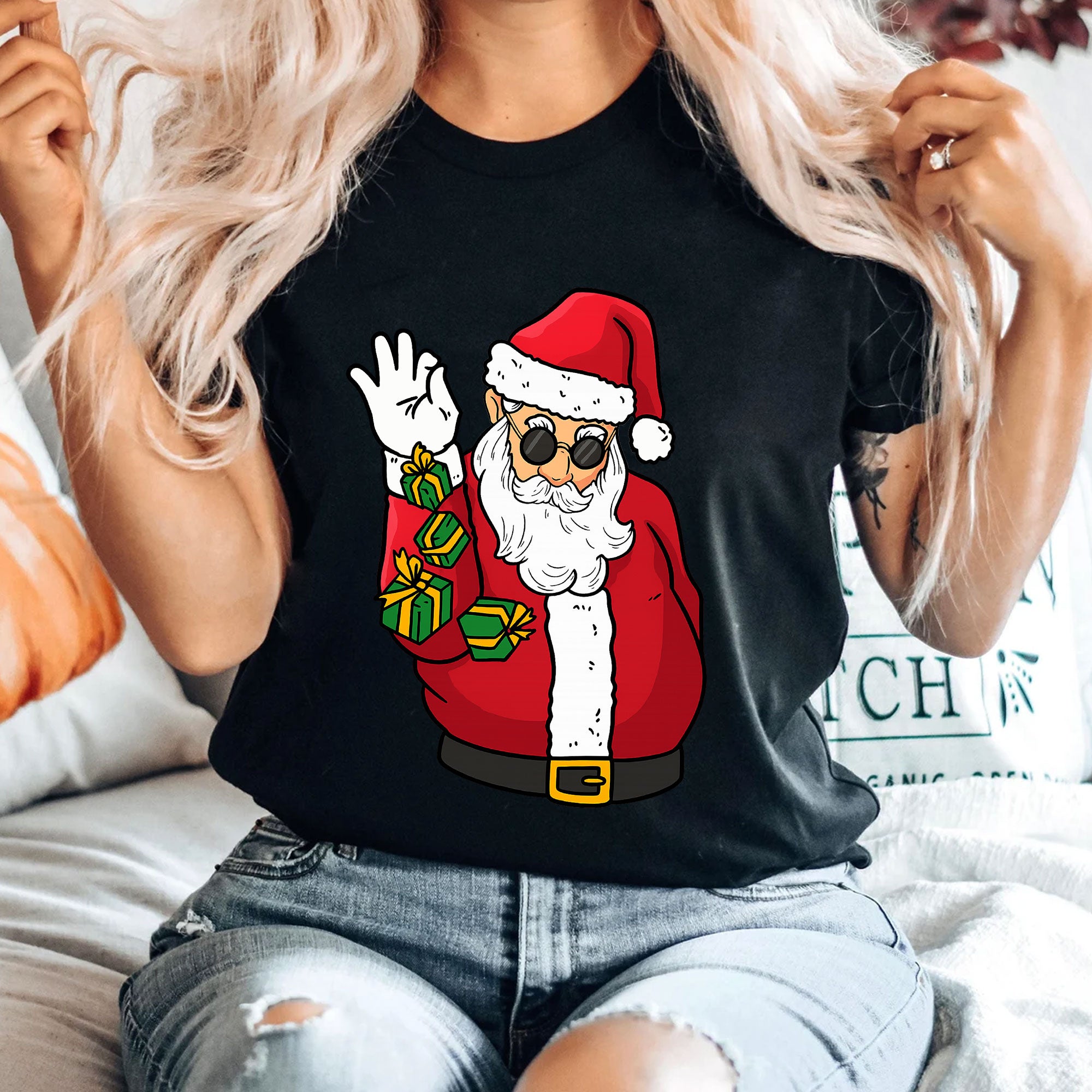 Trendy Santa Claus Graphic T-Shirt for Women - Funky Christmas Tee with Cool Shades and Presents, Perfect for Holiday Celebrations
 - 4