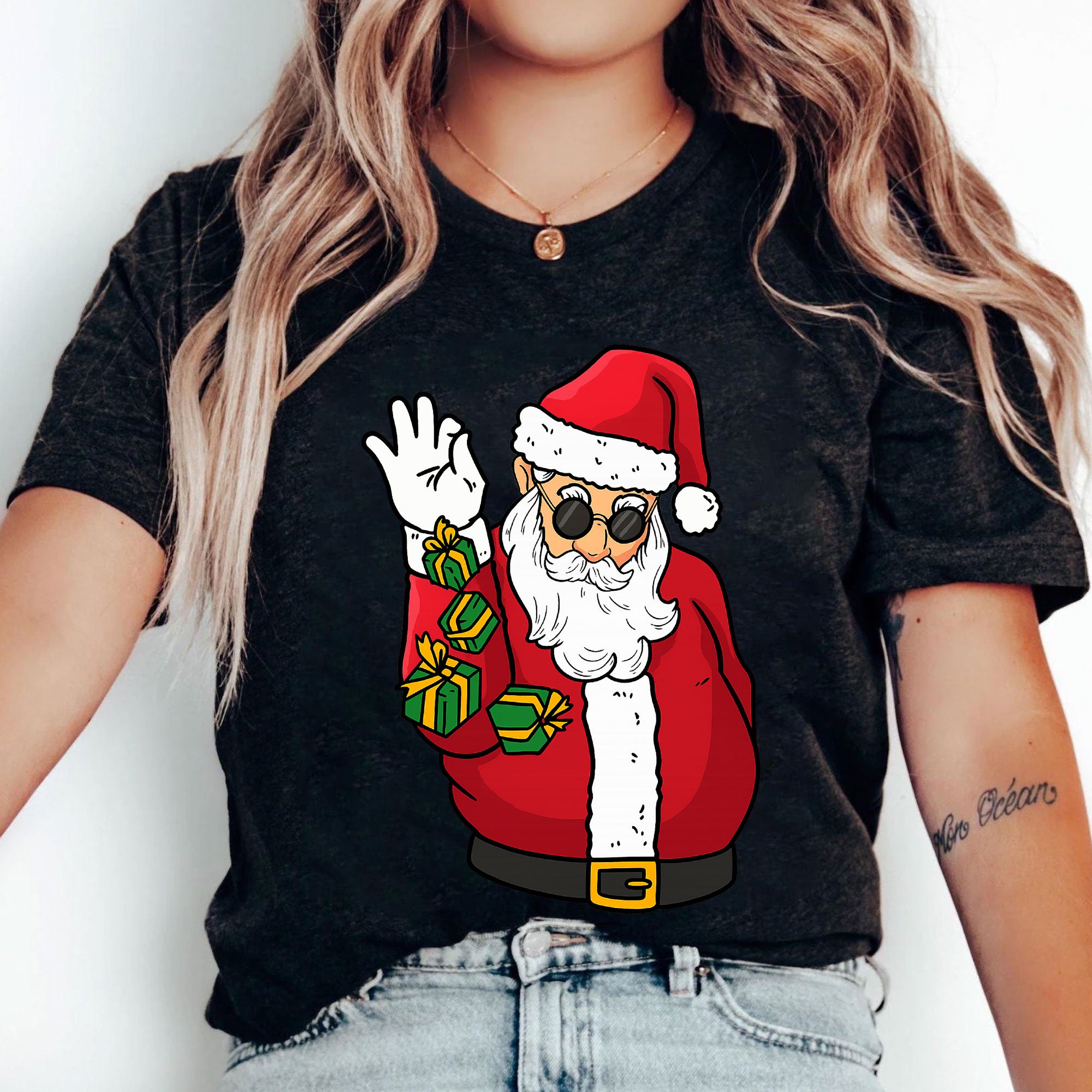 Trendy Santa Claus Graphic T-Shirt for Women - Funky Christmas Tee with Cool Shades and Presents, Perfect for Holiday Celebrations
 - 5
