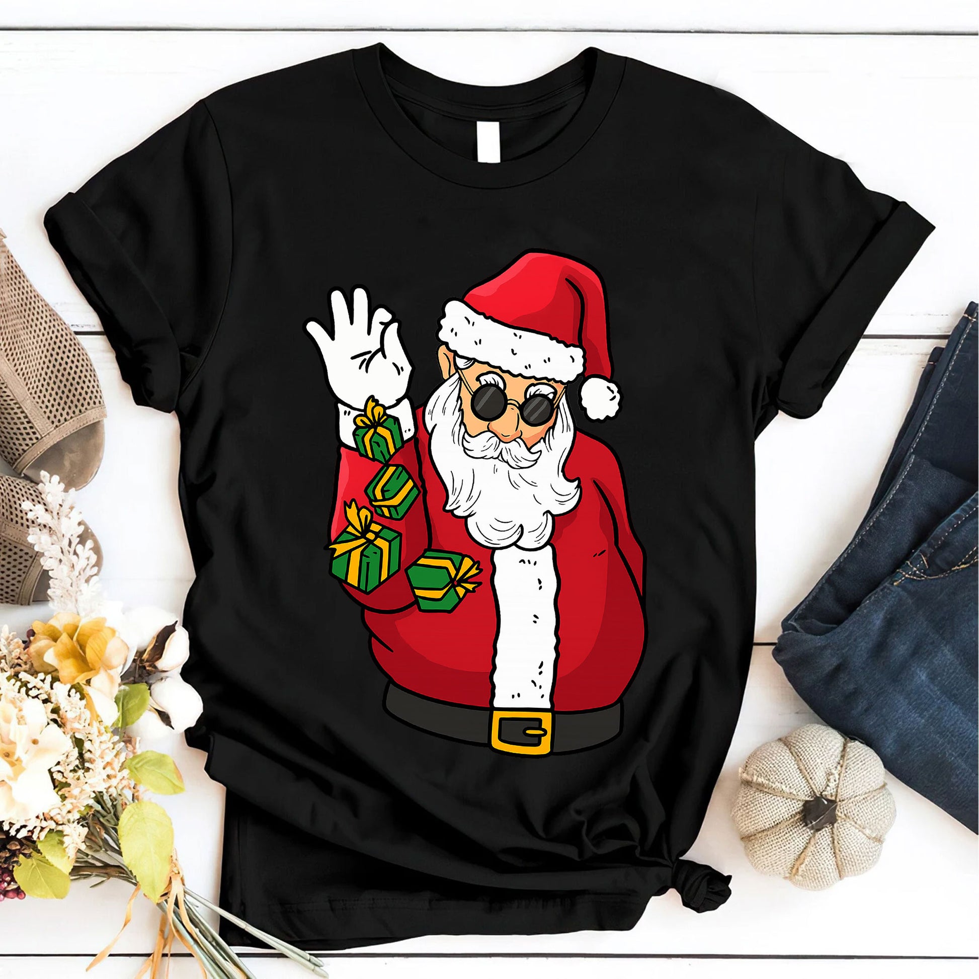 Trendy Santa Claus Graphic T-Shirt for Women - Funky Christmas Tee with Cool Shades and Presents, Perfect for Holiday Celebrations
 - 6