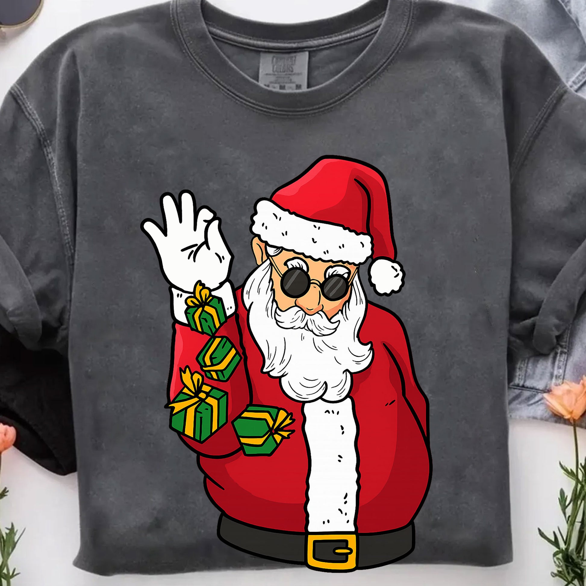 Trendy Santa Claus Graphic T-Shirt for Women - Funky Christmas Tee with Cool Shades and Presents, Perfect for Holiday Celebrations
 - 7
