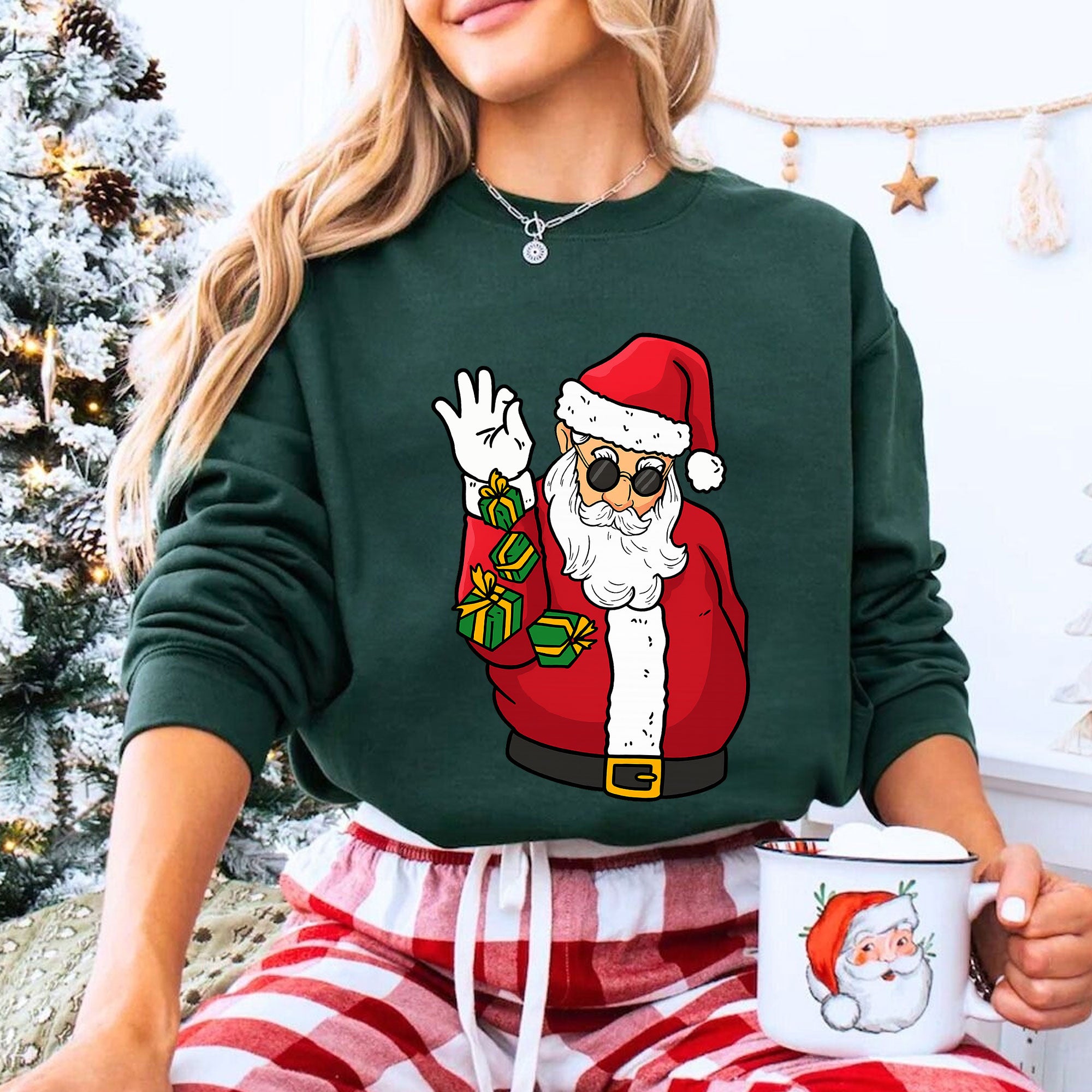 Trendy Santa Claus Graphic T-Shirt for Women - Funky Christmas Tee with Cool Shades and Presents, Perfect for Holiday Celebrations
 - 8