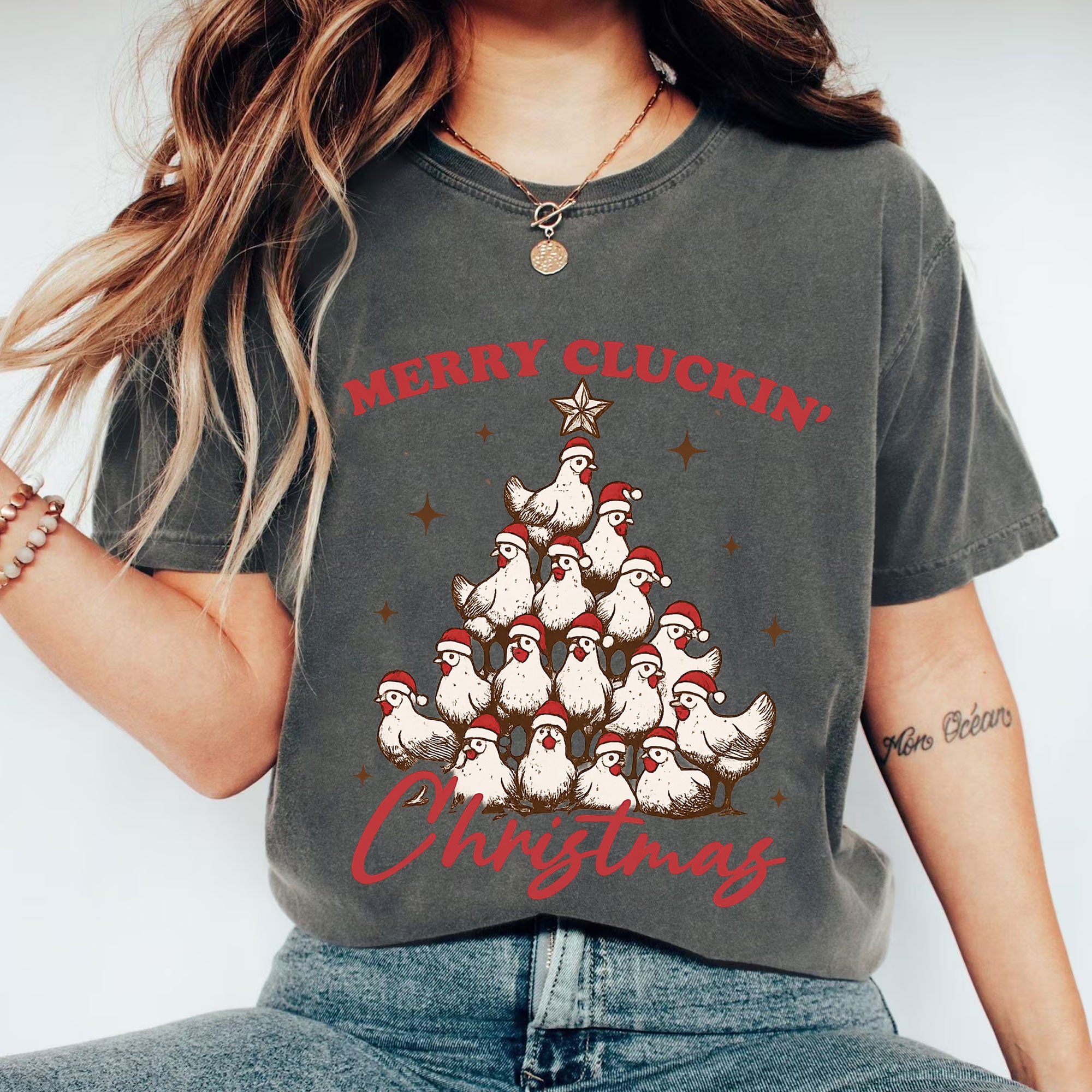 Unique Christmas Chicken Tree T-Shirt - Merry Cluckin' Christmas Funny Vintage Graphic Tee, Perfect for Holiday Celebrations
 - 1