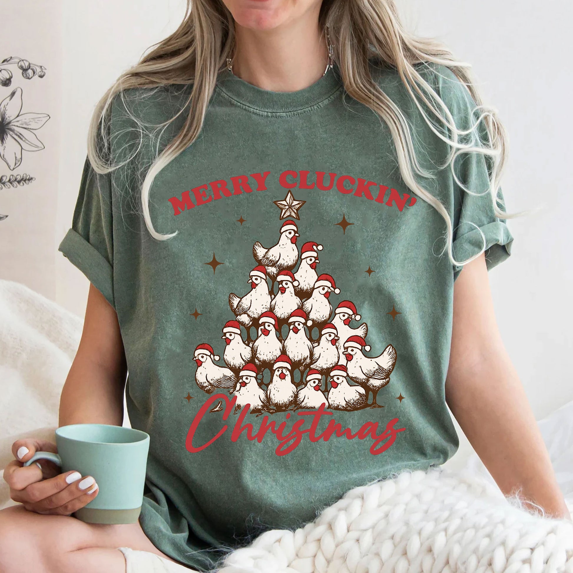 Unique Christmas Chicken Tree T-Shirt - Merry Cluckin' Christmas Funny Vintage Graphic Tee, Perfect for Holiday Celebrations
 - 3